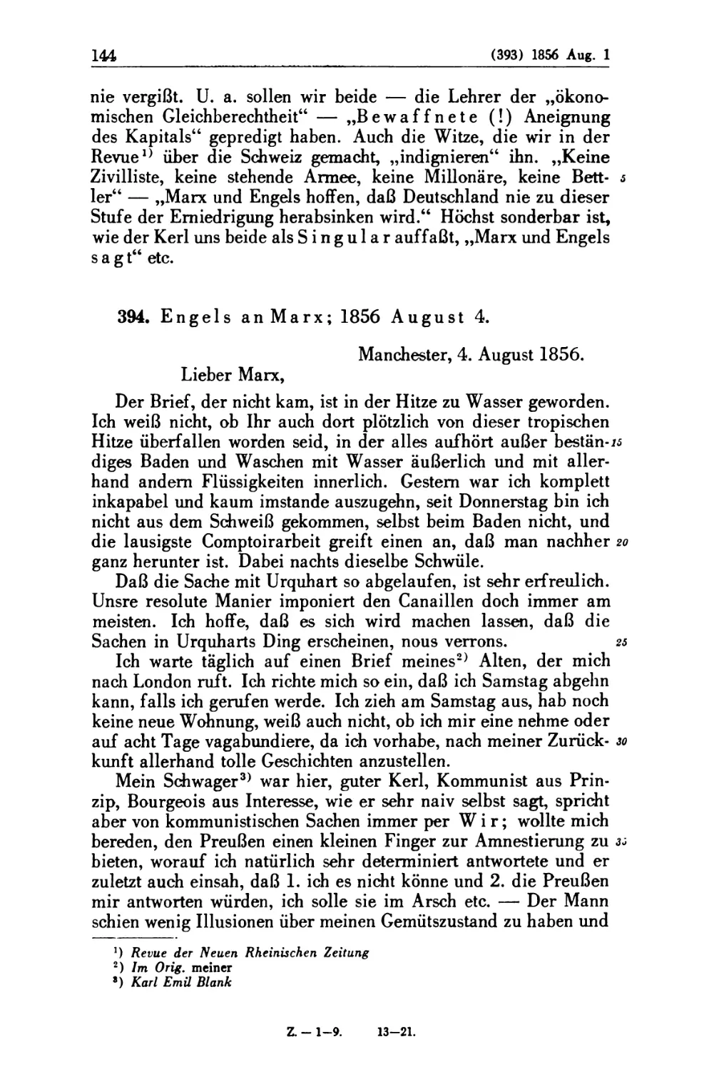 394. Engels an Marx; 1856 August 4