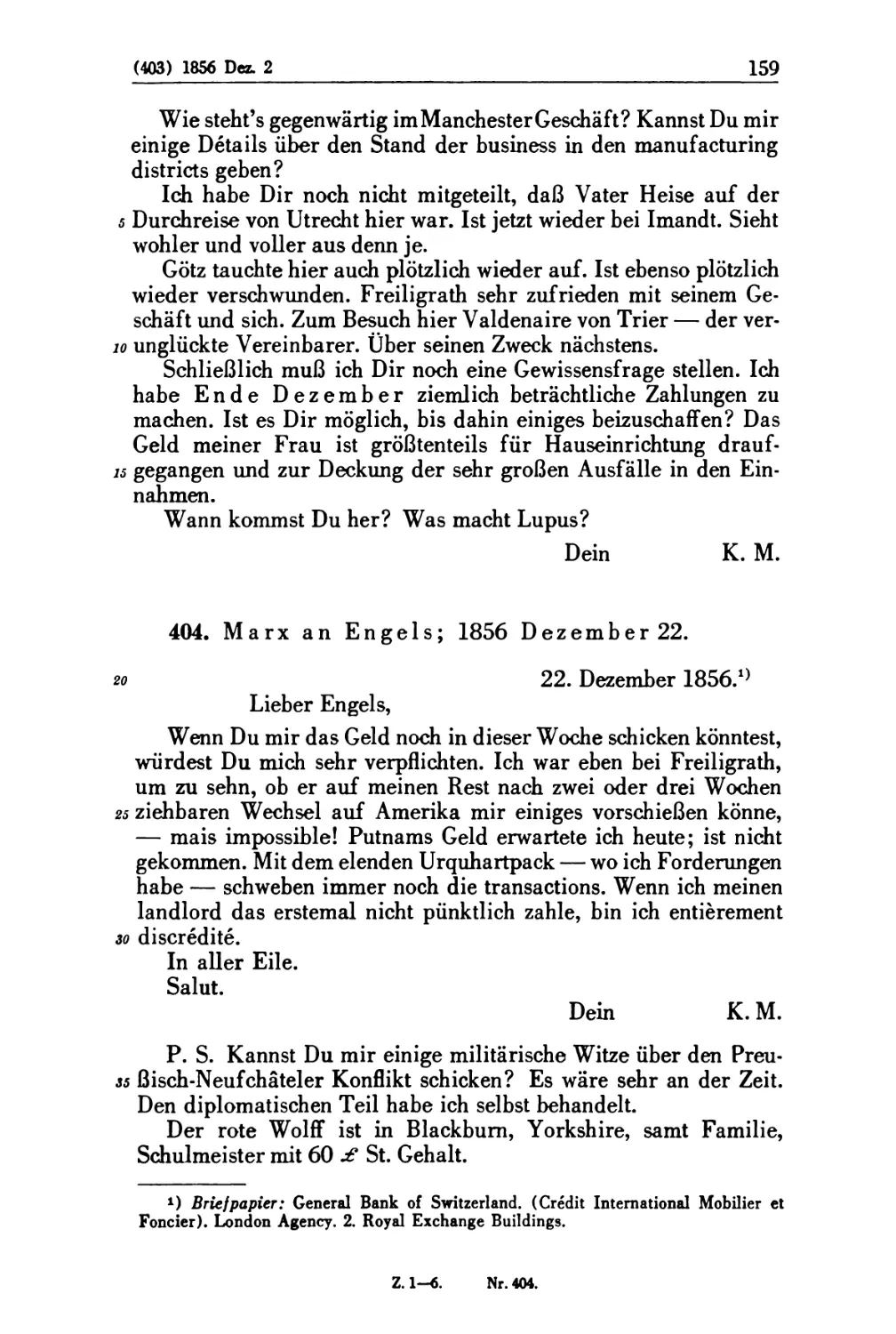 404. Marx an Engels; 1856 Dezember 22