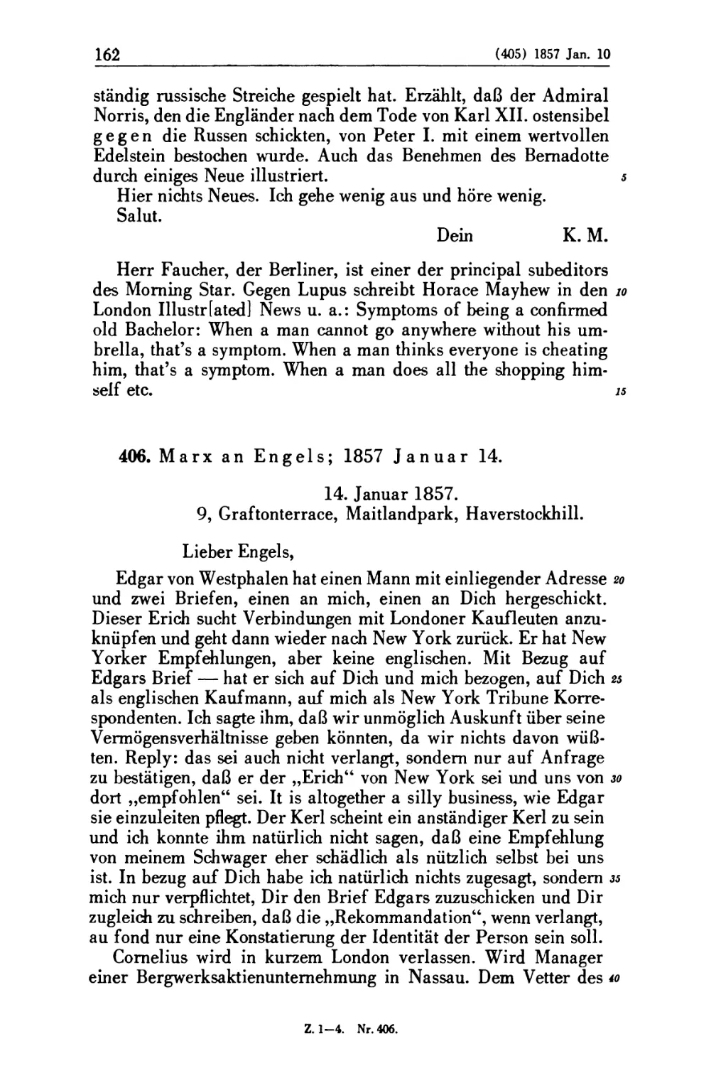 406. Marx an Engels; 1857 Januar 14