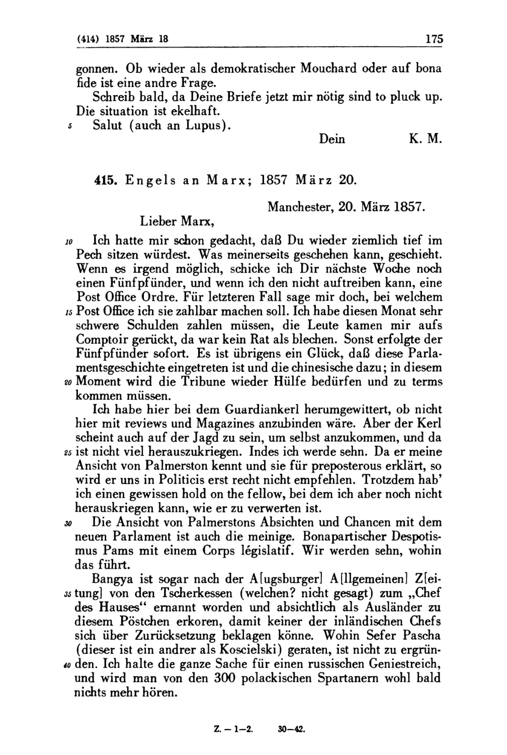 415. Engels an Marx; 1857 März 20