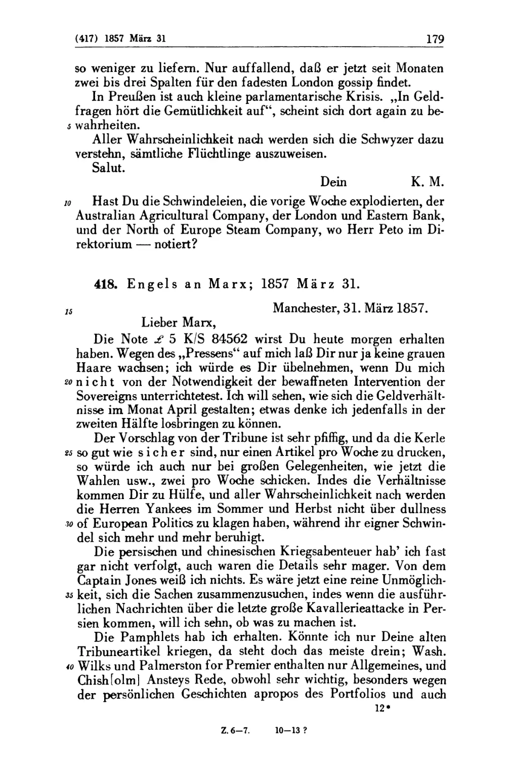 418. Engels an Marx; 1857 März 31