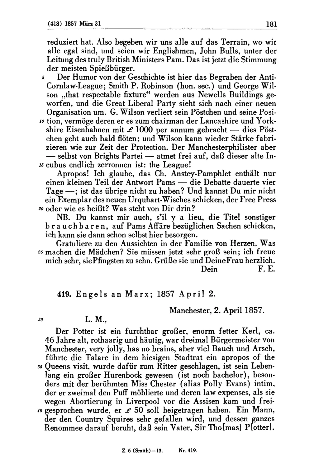 419. Engels an Marx; 1857 April 2