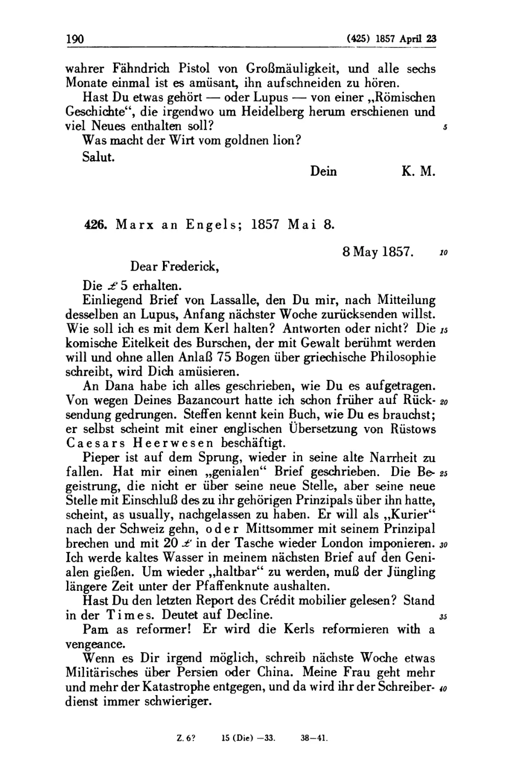 426. Marx an Engels; 1857 Mai 8