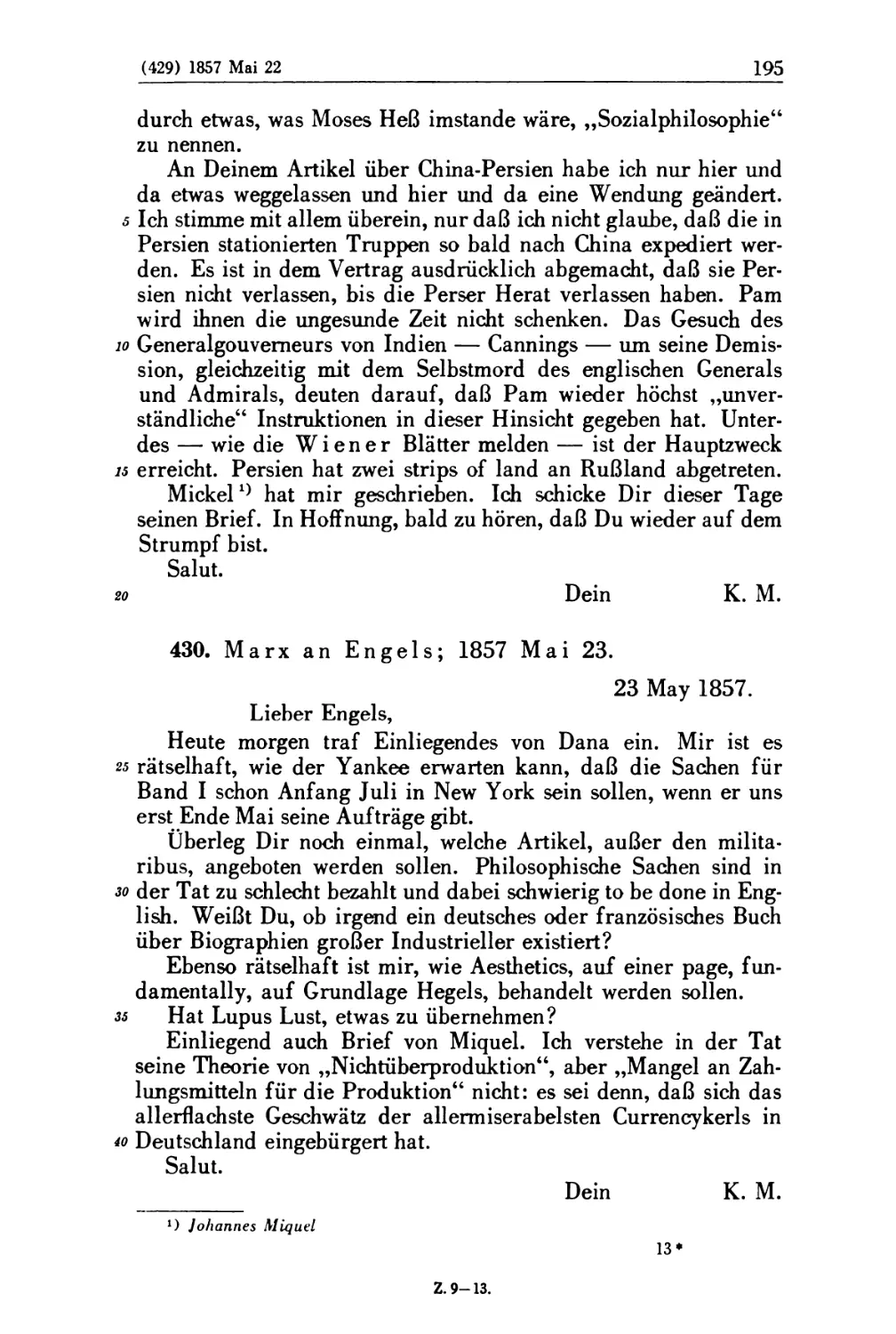 430. Marx an Engels; 1857 Mai 23