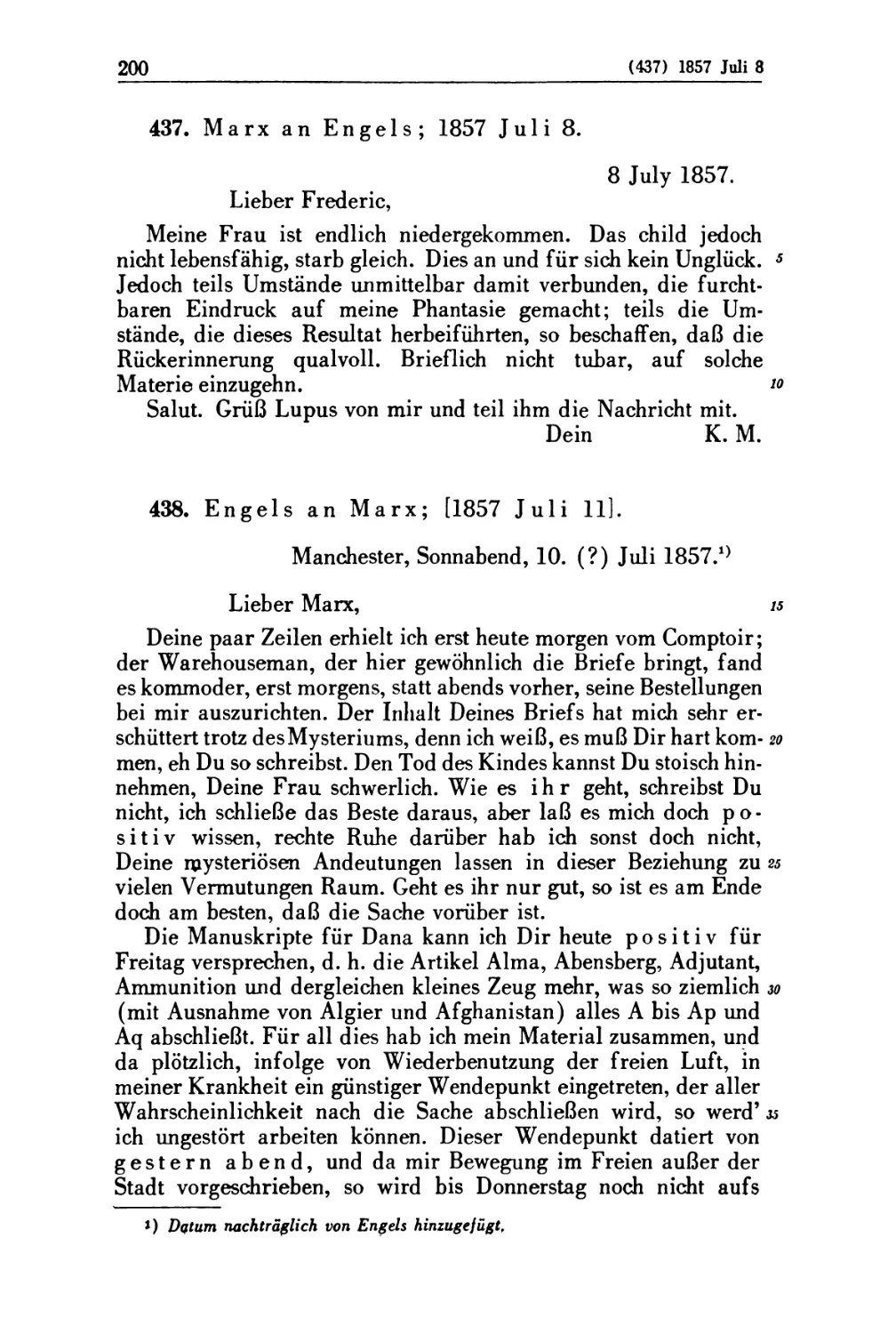 437. Marx an Engels; 1857 Juli 8
438. Engels an Marx; [1857 Juli 11]