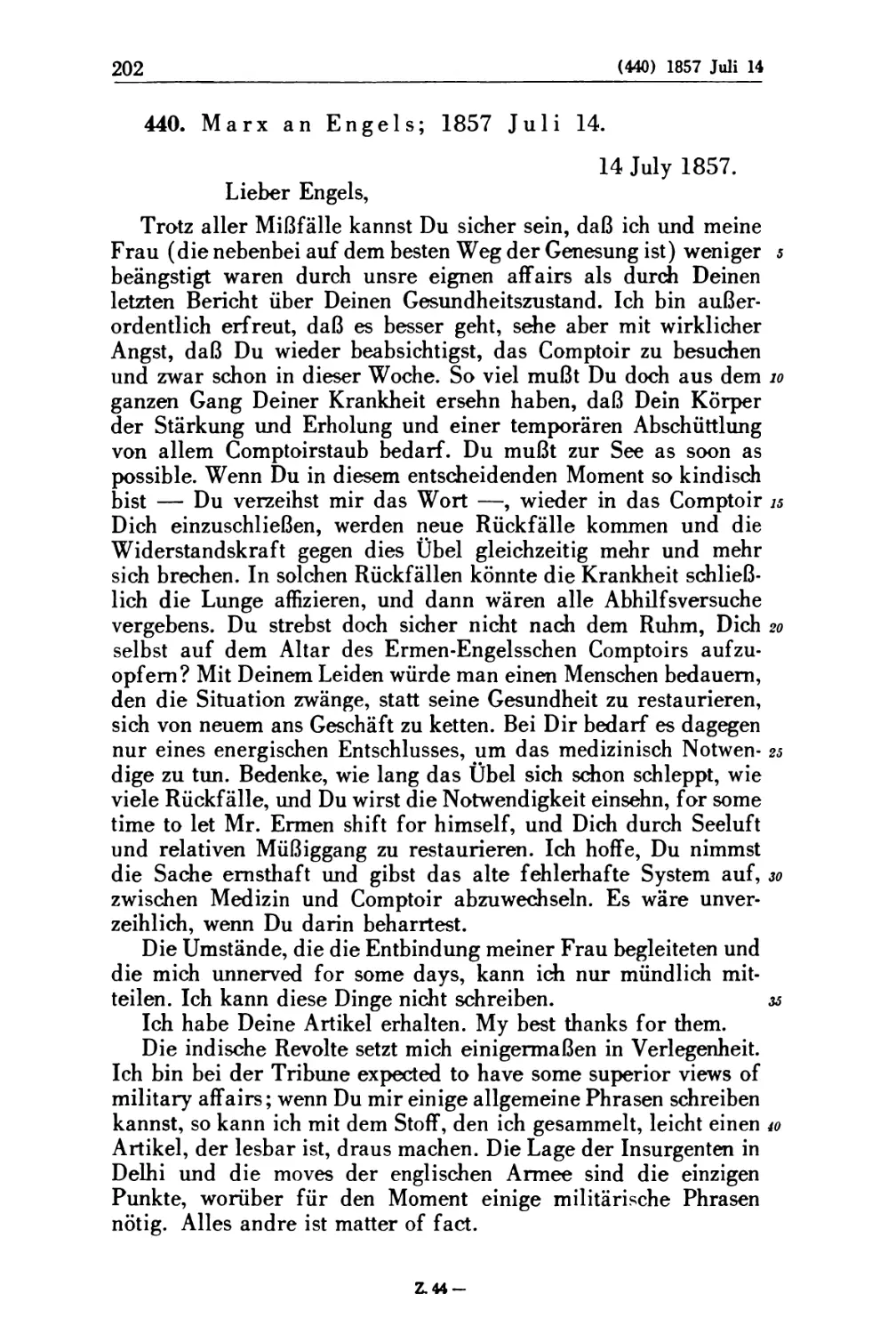 440. Marx an Engels; 1857 Juli 14
