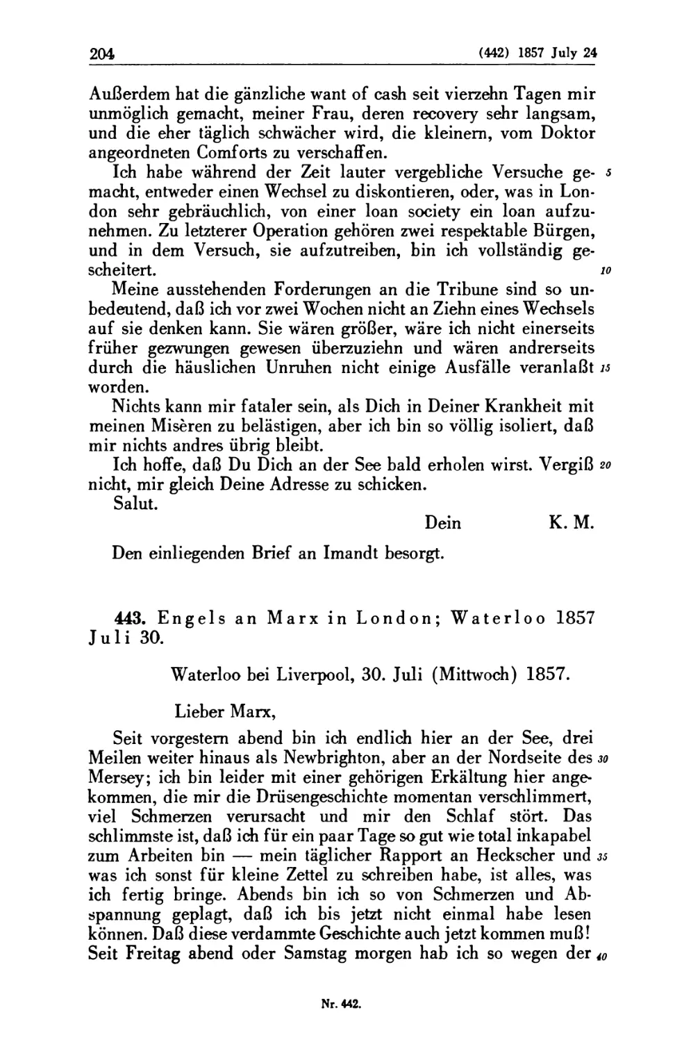 443. Engels an Marx in London; Waterloo 1857 Juli 30