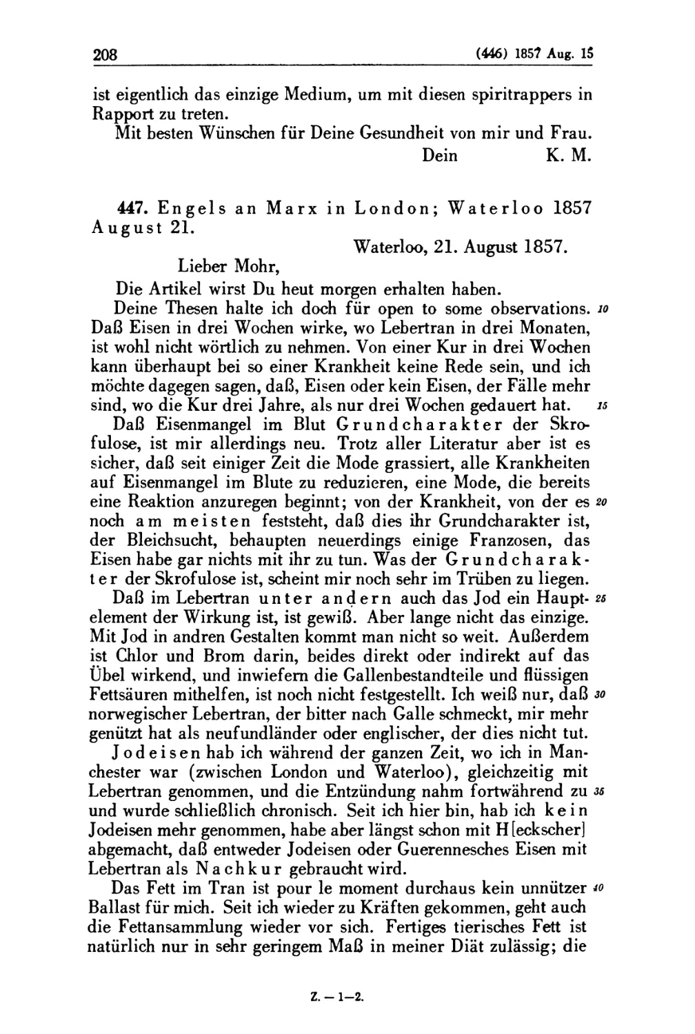 447. Engels an Marx in London; Waterloo 1857 August 21