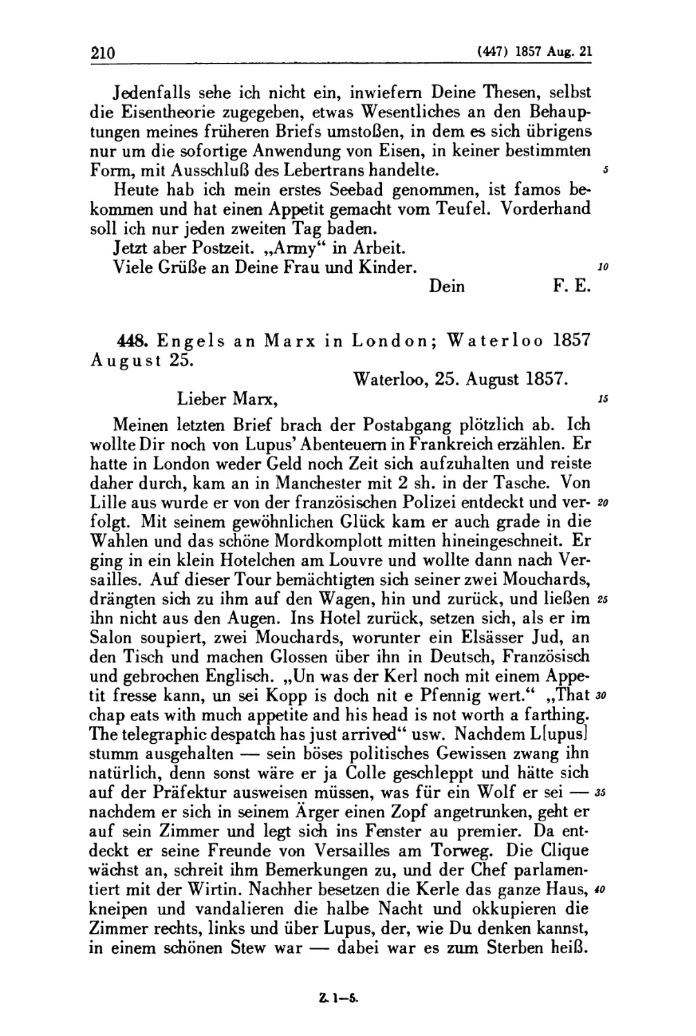 448. Engels an Marx in London; Waterloo 1857 August 25
