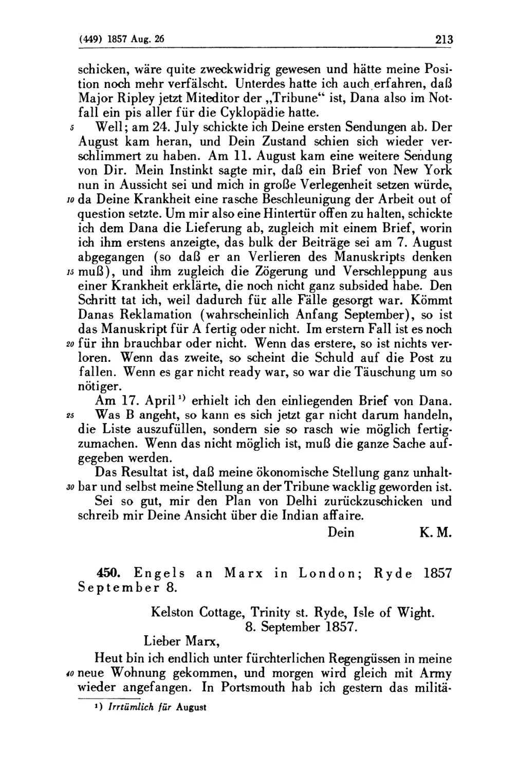 450. Engels an Marx in London; Ryde 1857 September 8