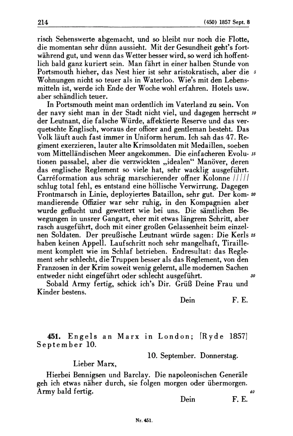451. Engels an Marx in London; [Ryde 1857] September 10