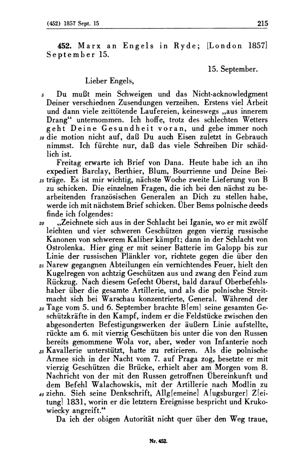 452. Marx an Engels in Ryde; [London 1857] September 15