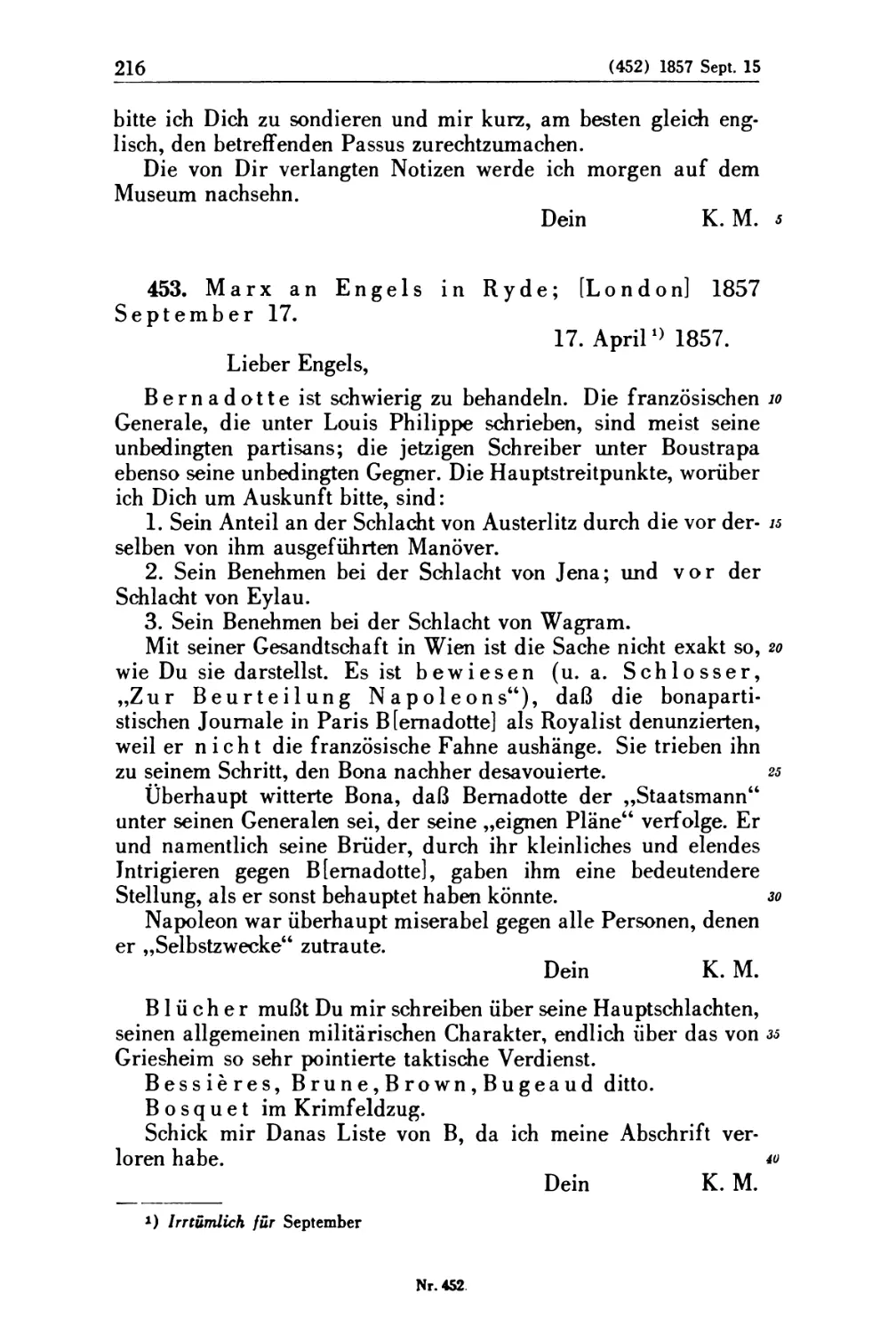 453. Marx an Engels in Ryde; [London] 1857 September 17