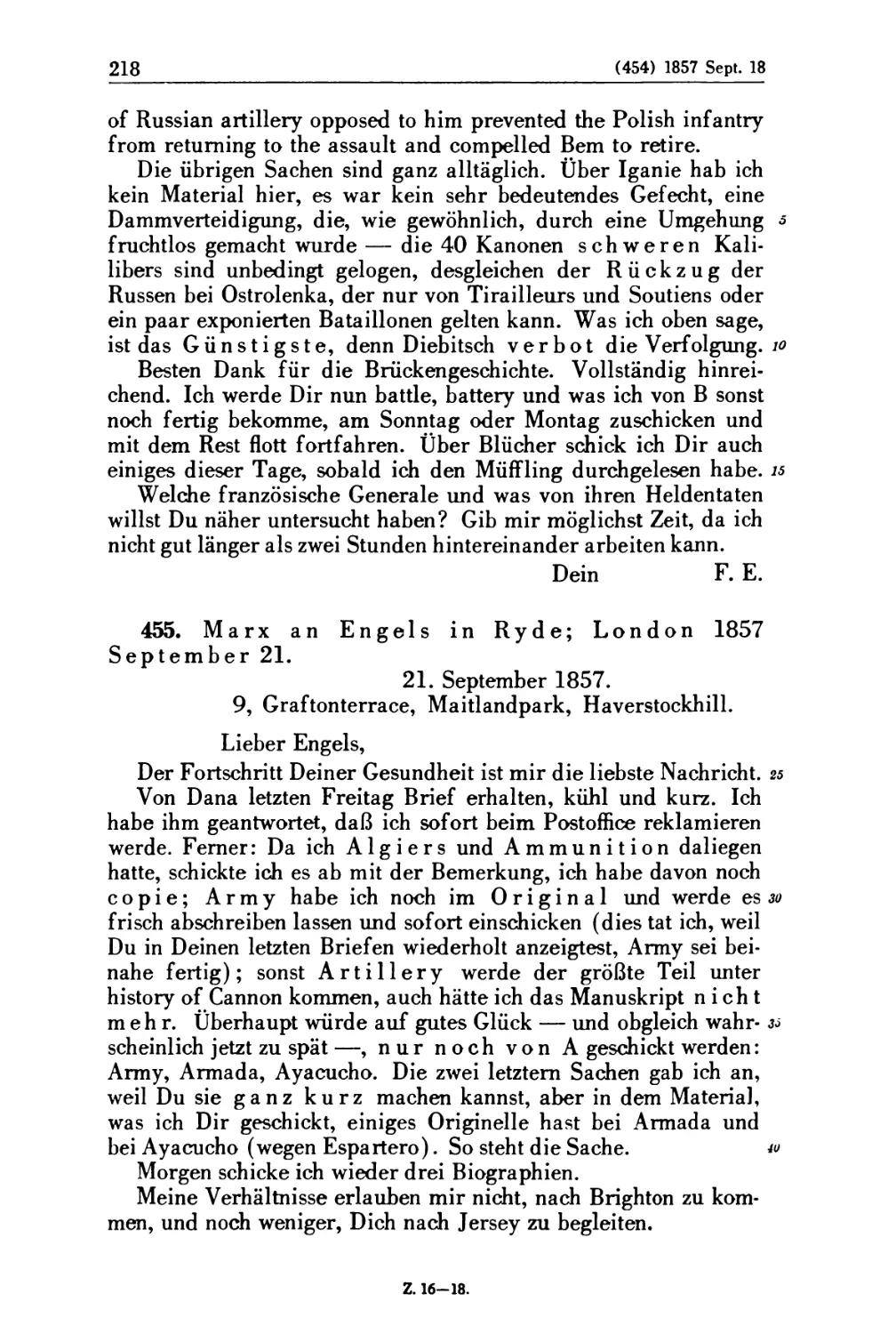 455. Marx an Engels in Ryde; London 1857 September 21