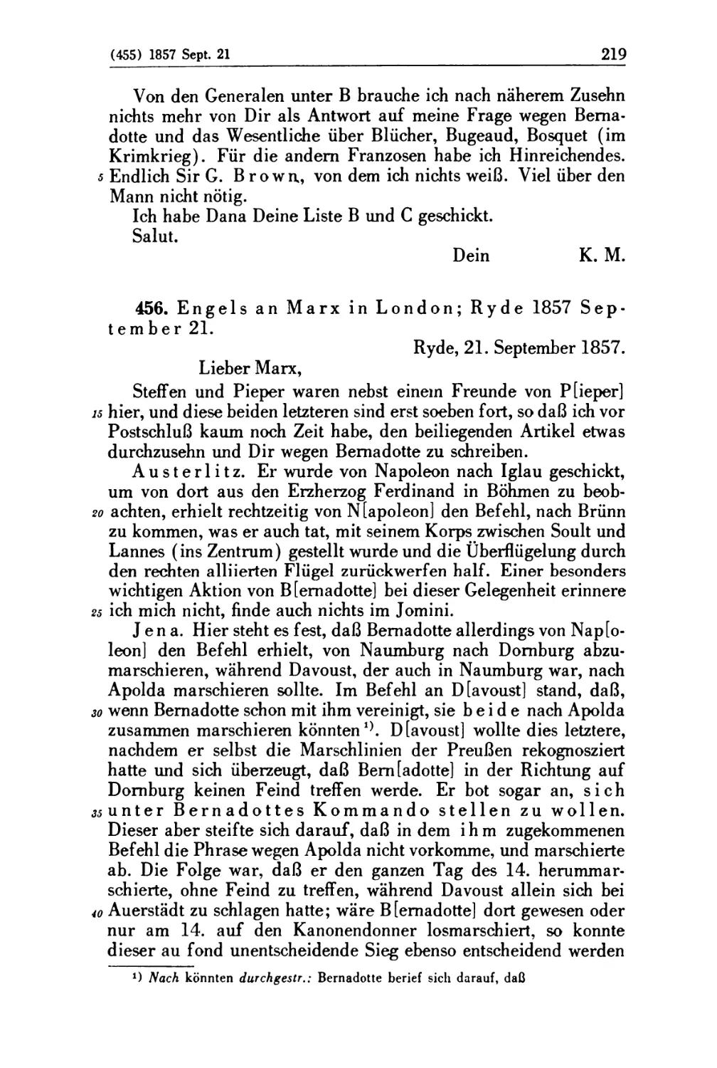 456. Engels an Marx in London; Ryde 1857 September 21