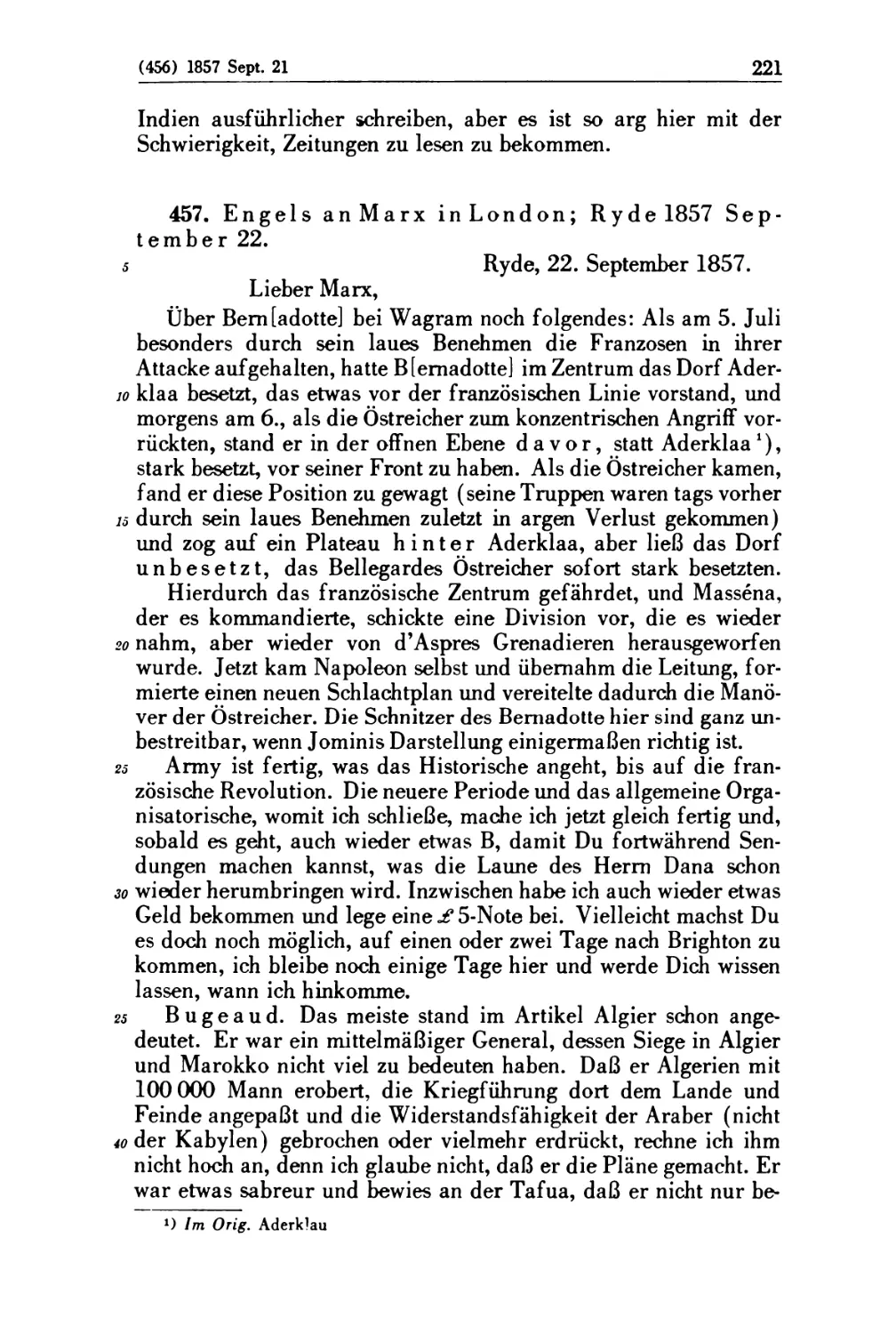 457. Engels an Marx in London; Ryde 1857 September 22