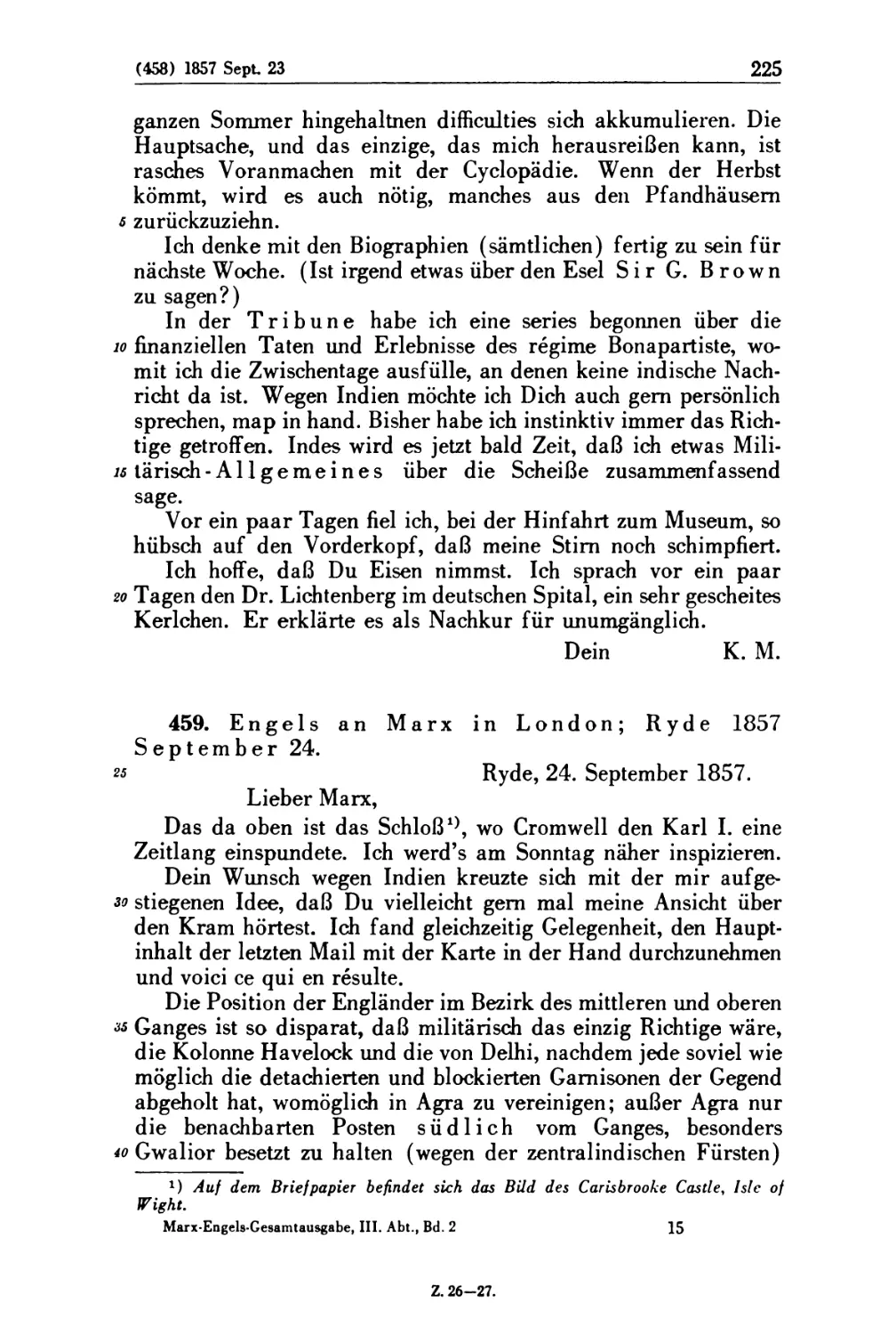 459. Engels an Marx in London; Ryde 1857 September 24
