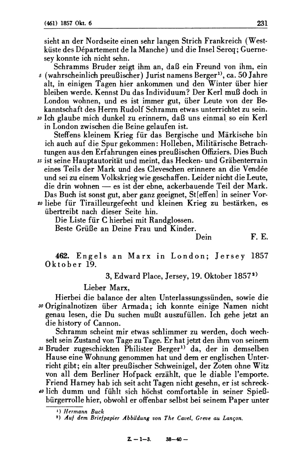 462. Engels an Marx in London; Jersey 1857 Oktober 19