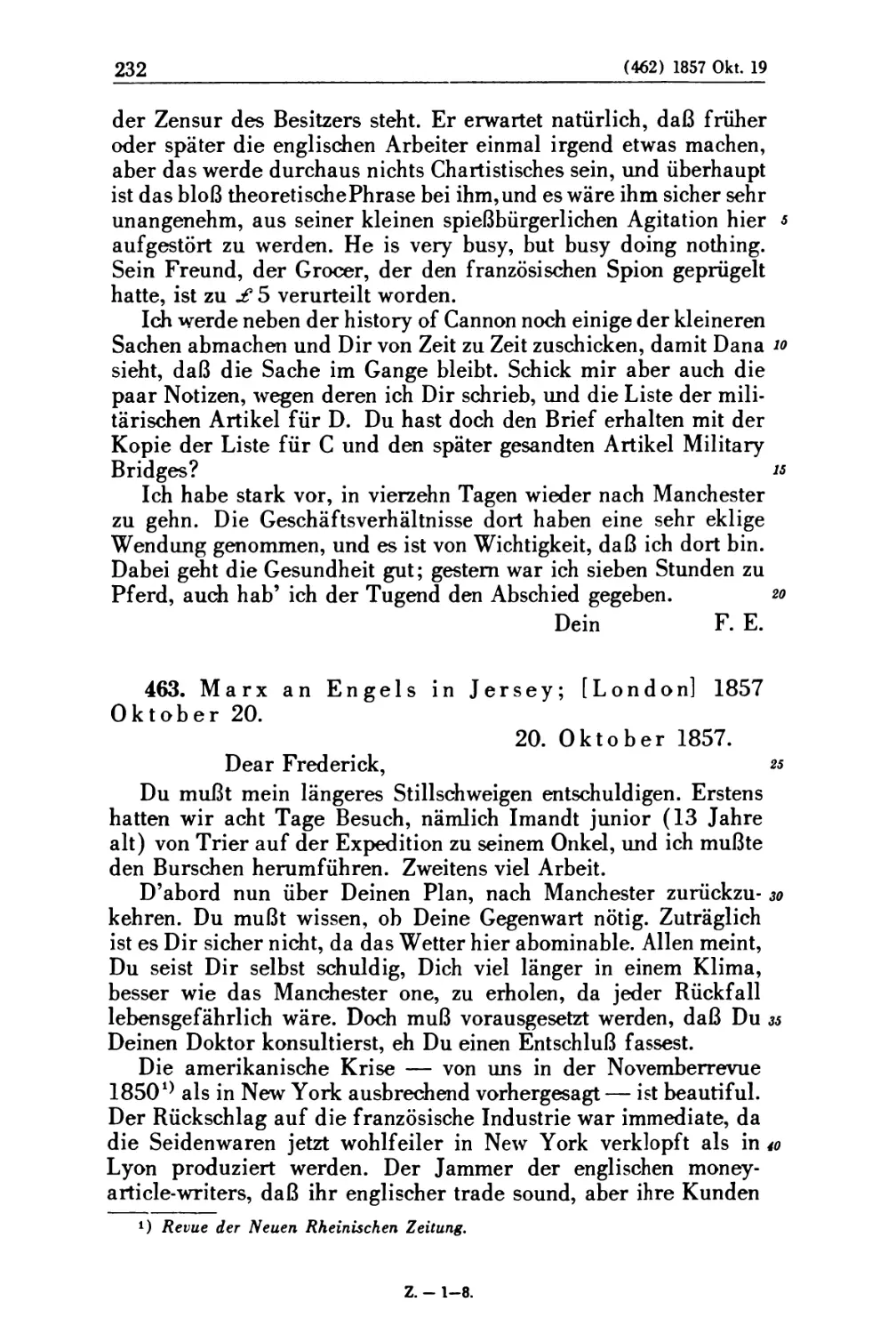 463. Marx an Engels in Jersey; [London] 1857 Oktober 20