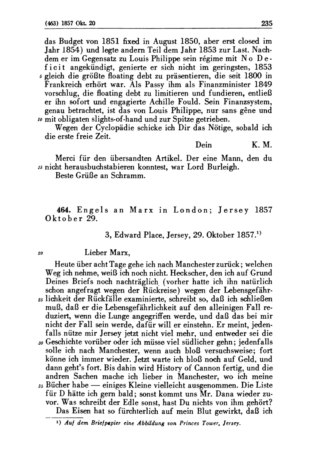 464. Engels an Marx in London; Jersey 1857 Oktober 29