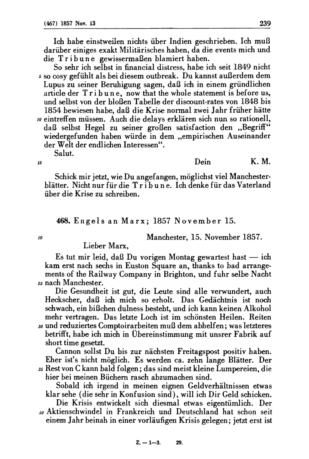 468. Engels an Marx; 1857 November 15