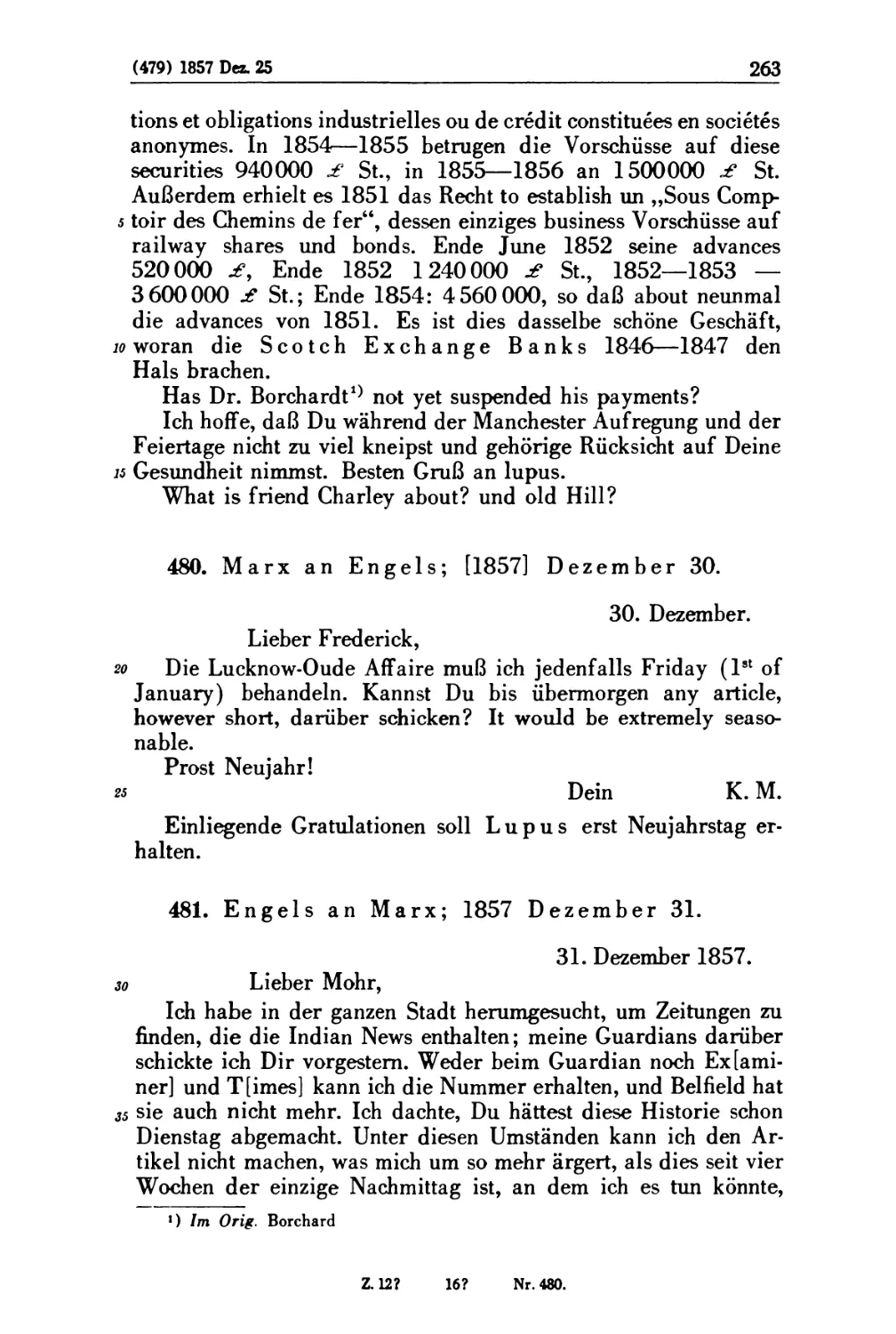 480. Marx an Engels; [1857] Dezember 30
481. Engels an Marx; 1857 Dezember 31