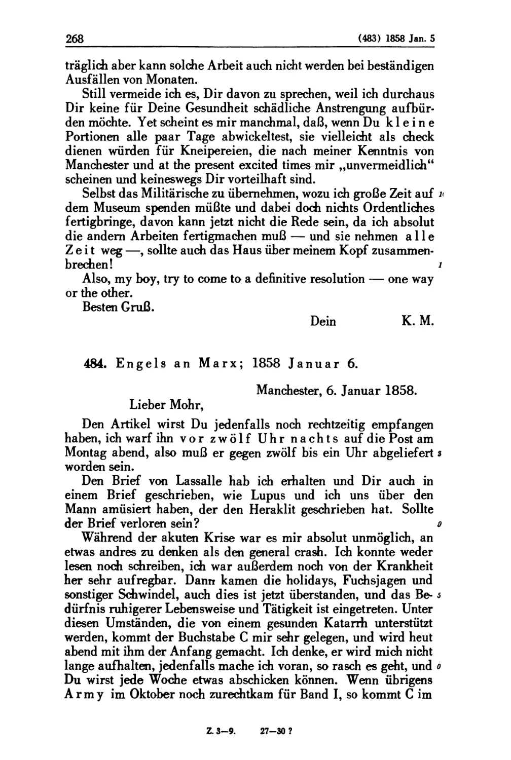 484. Engels an Marx; 1858 Januar 6