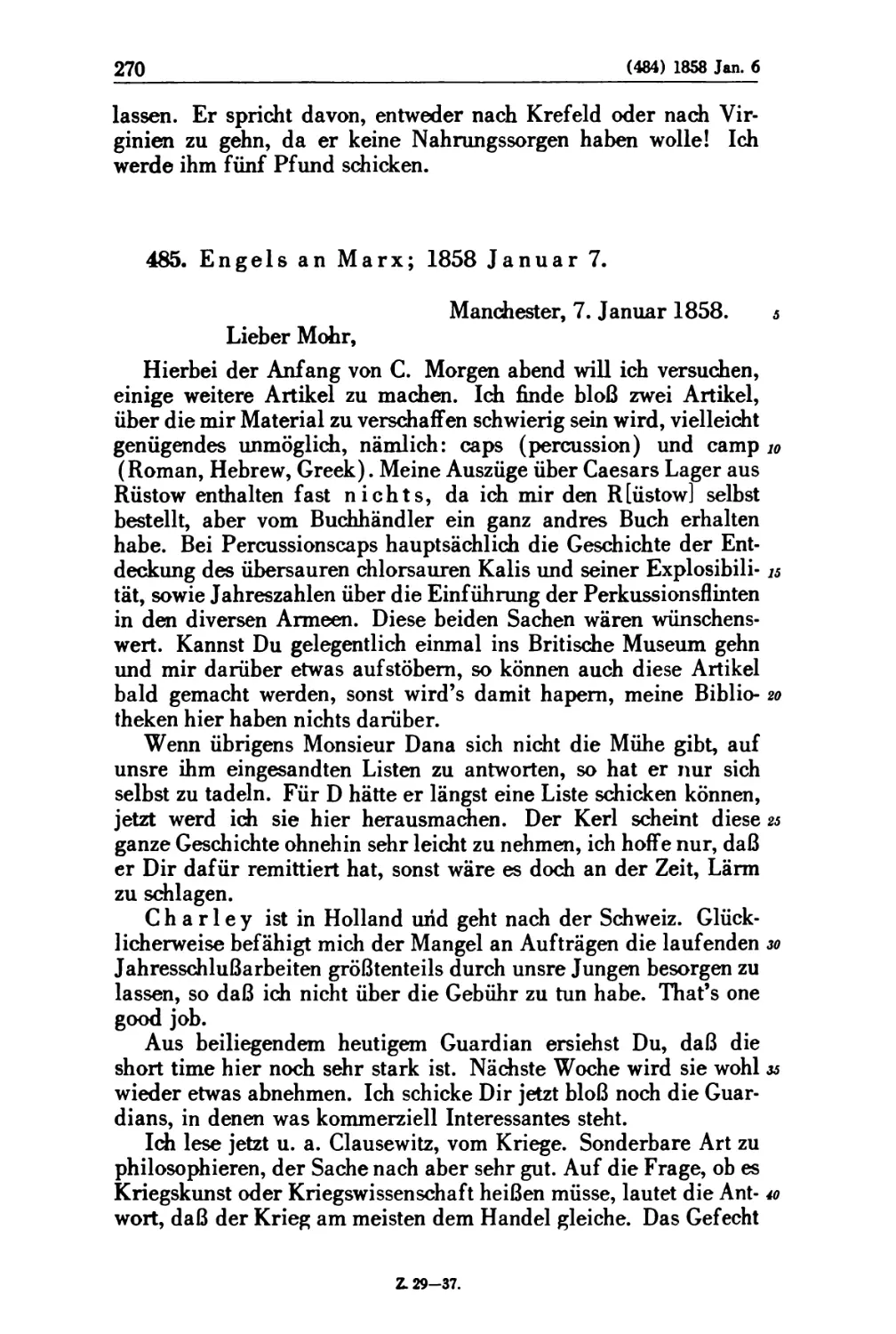 485. Engels an Marx; 1858 Januar 7