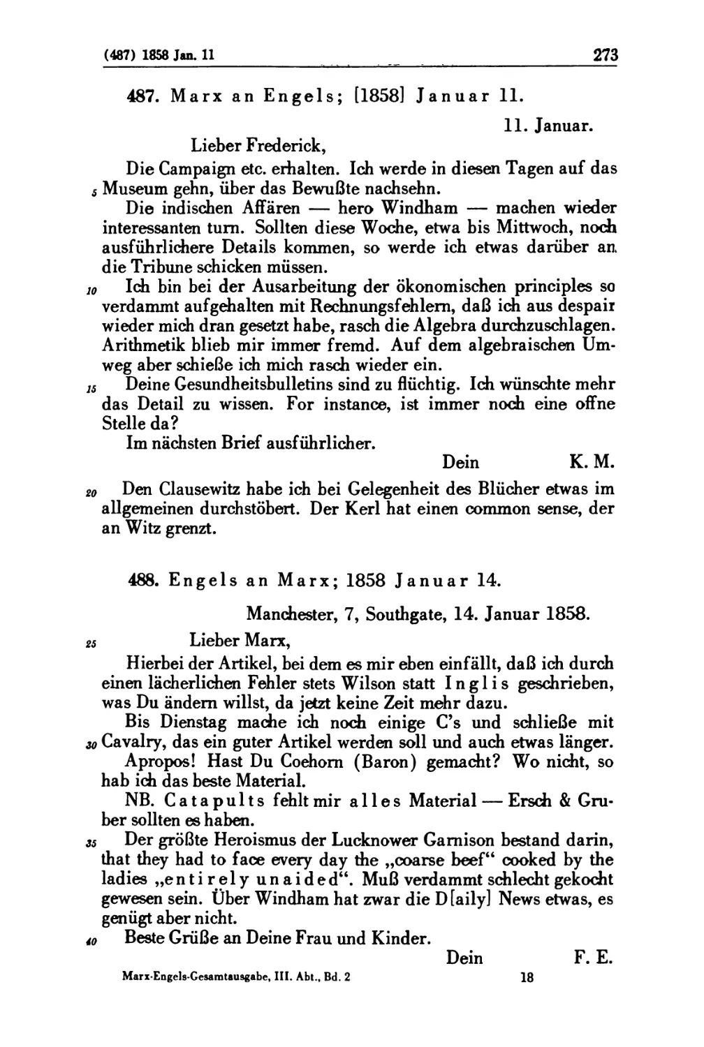 487. Marx an Engels; [1858] Januar 11
488. Engels an Marx; 1858 Januar 14