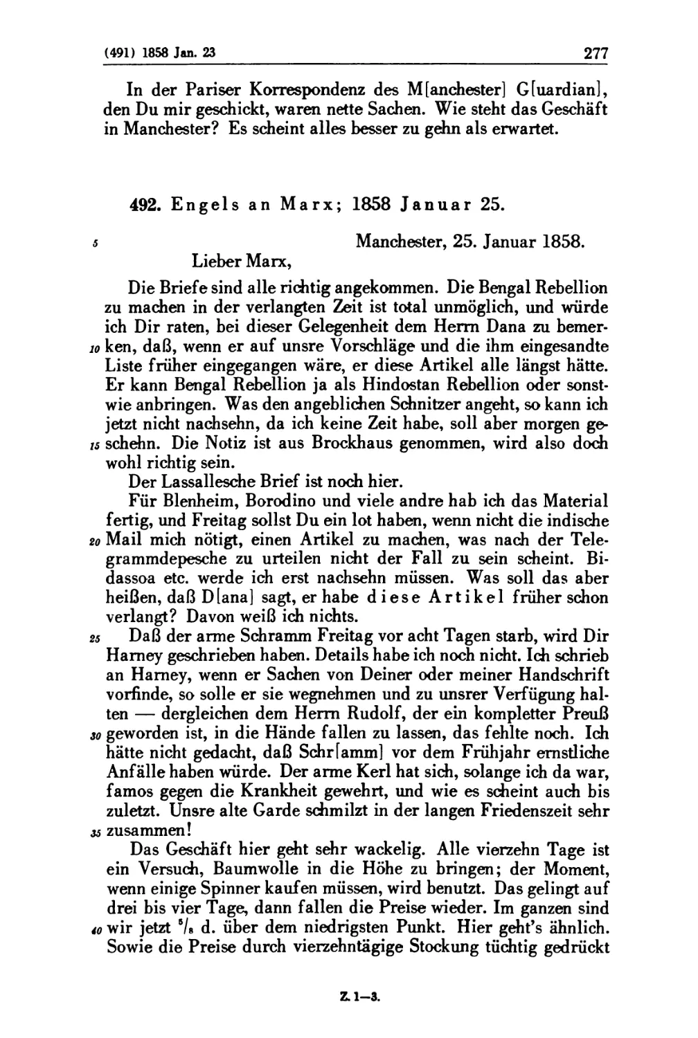 492. Engels an Marx; 1858 Januar 25