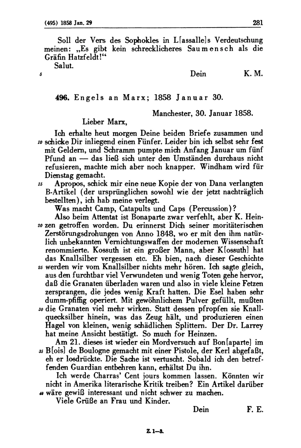 496. Engels an Marx; 1858 Januar 30