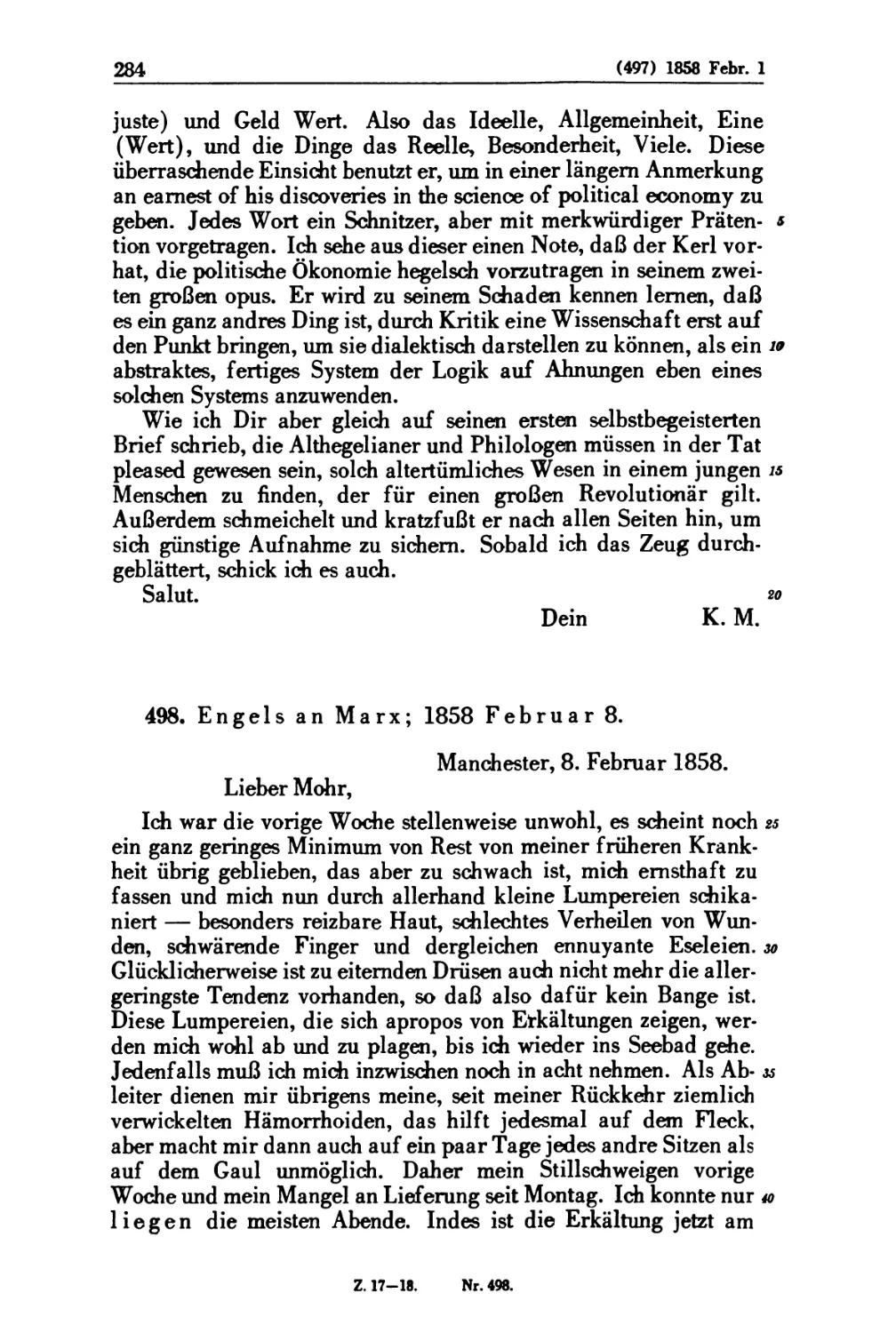 498. Engels an Marx; 1858 Februar 8