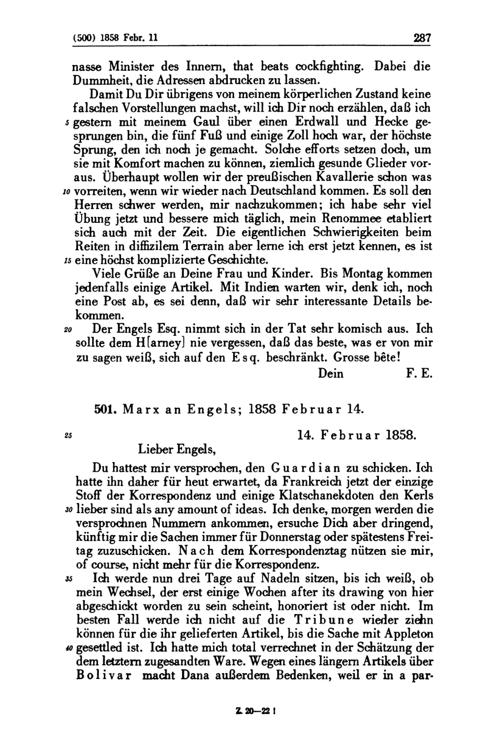 501. Marx an Engels; 1858 Februar 14