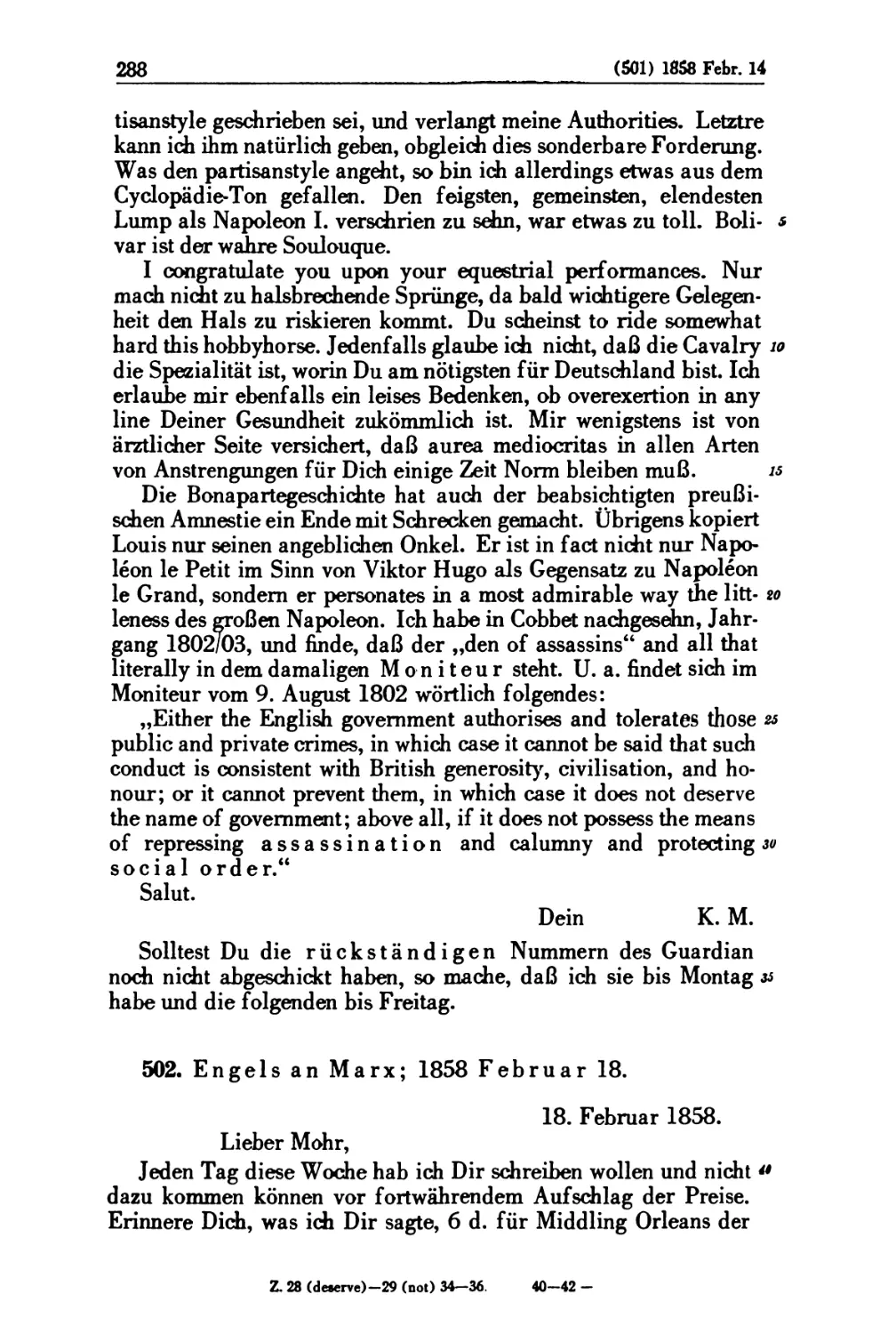 502. Engels an Marx; 1858 Februar 18