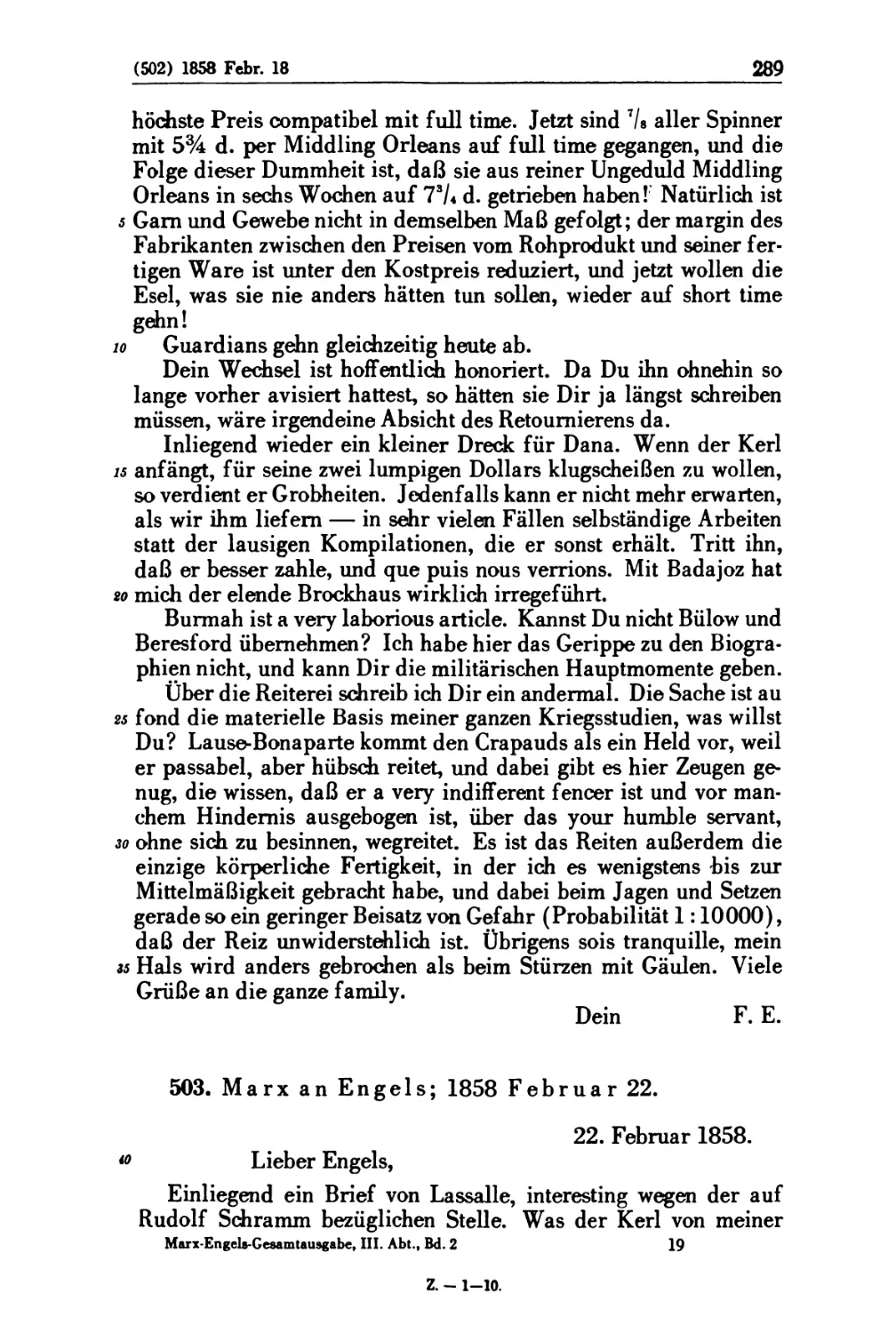 503. Marx an Engels; 1858 Februar 22