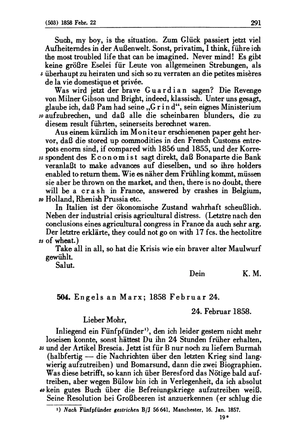 504. Engels an Marx; 1858 Februar 24