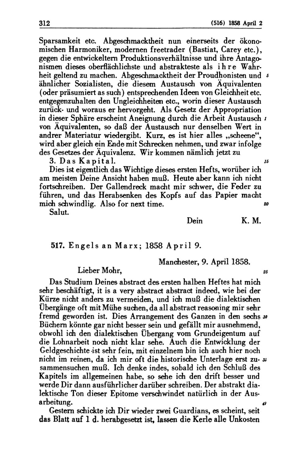 517. Engels an Marx; 1858 April 9