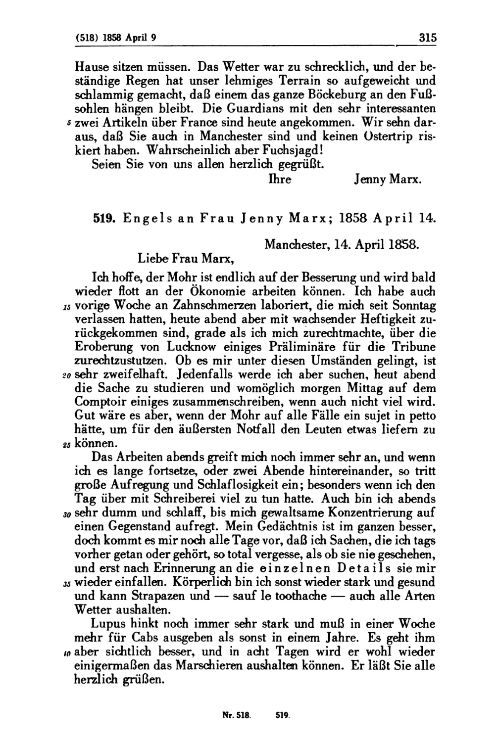 519. Engels an Frau Jenny Marx; 1858 April 14