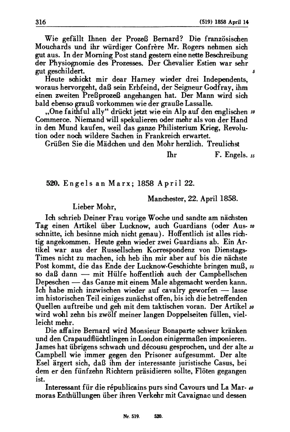 520. Engels an Marx; 1858 April 22