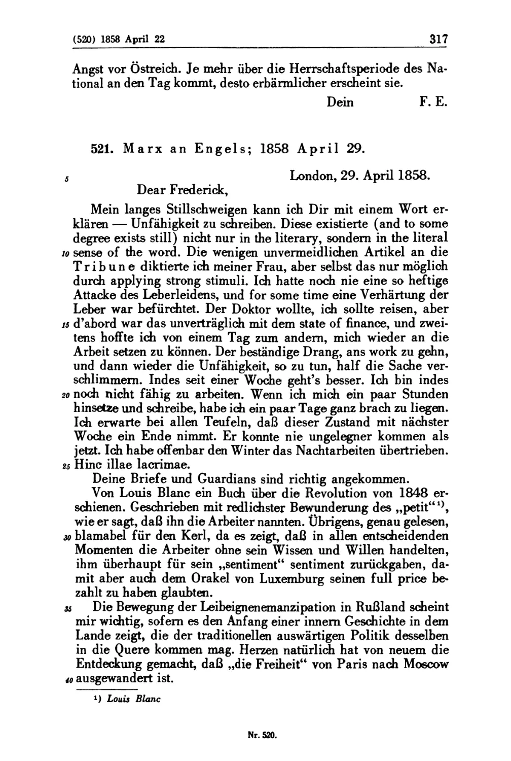 521. Marx an Engels; 1858 April 29