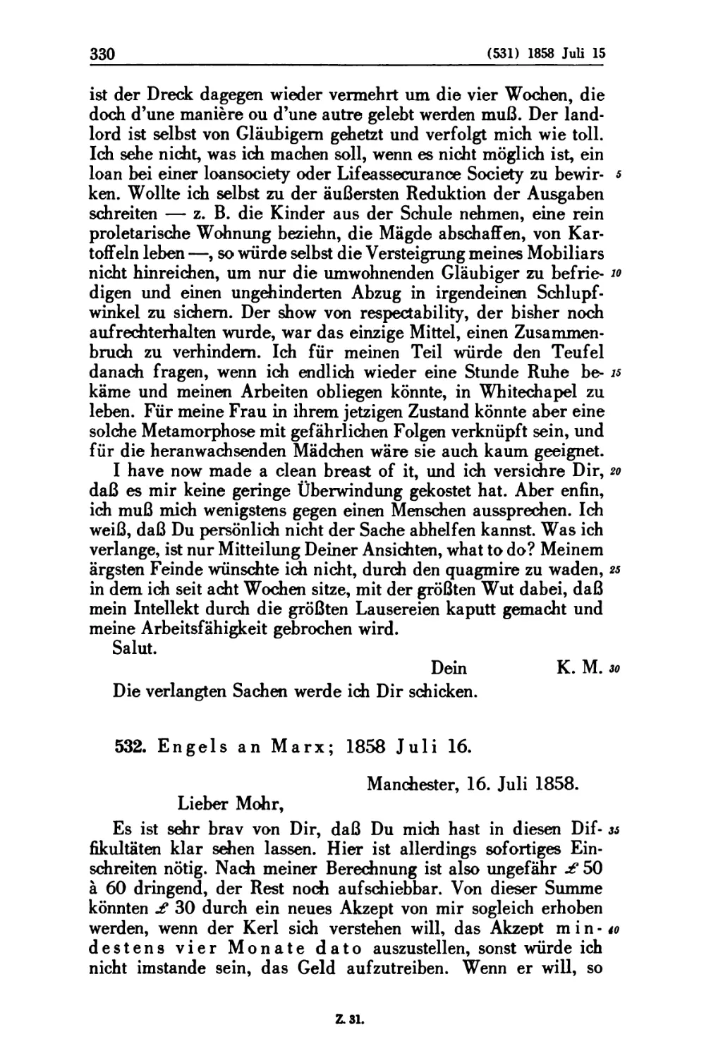 532. Engels an Marx; 1858 Juli 16