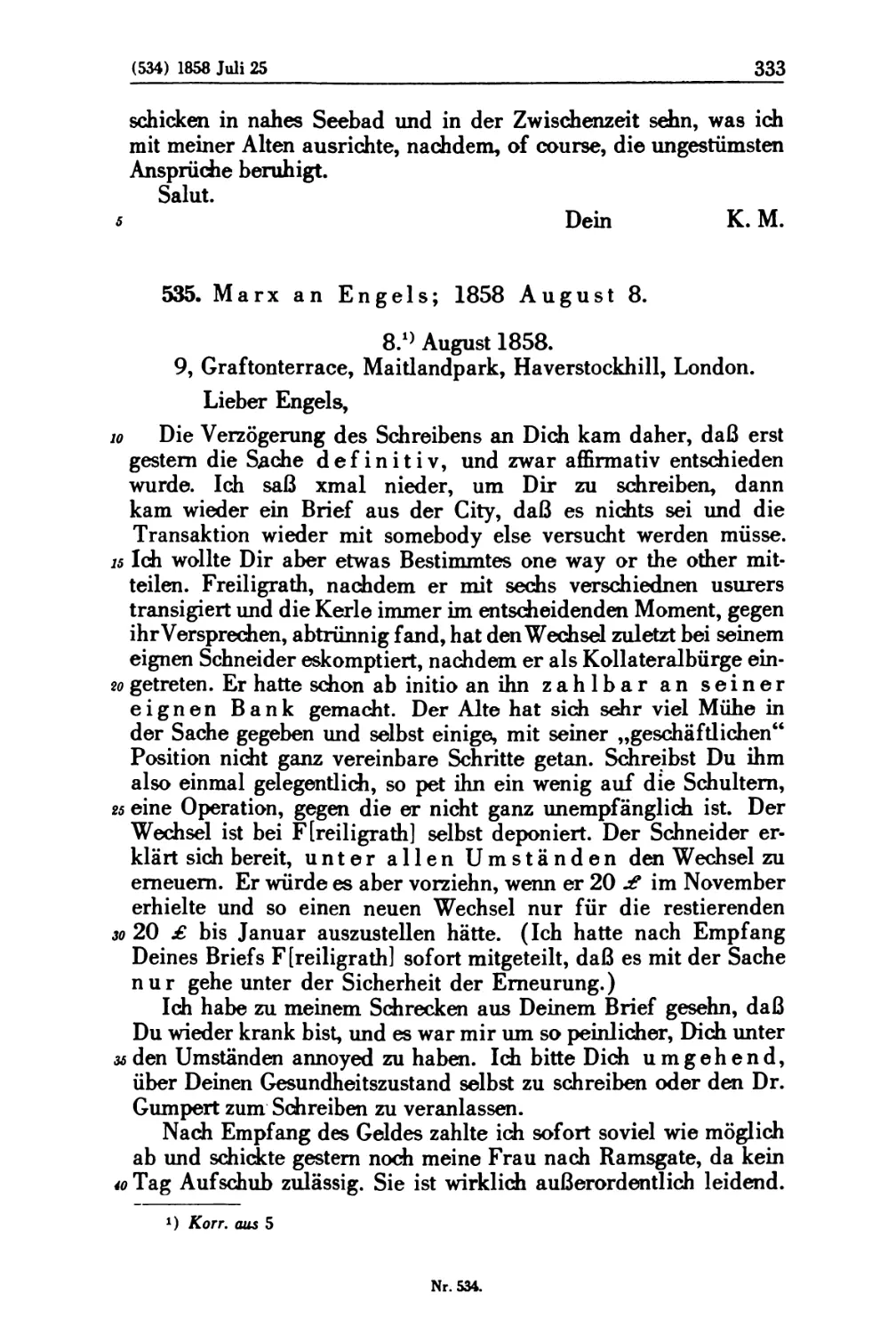 535. Marx an Engels; 1858 August 8