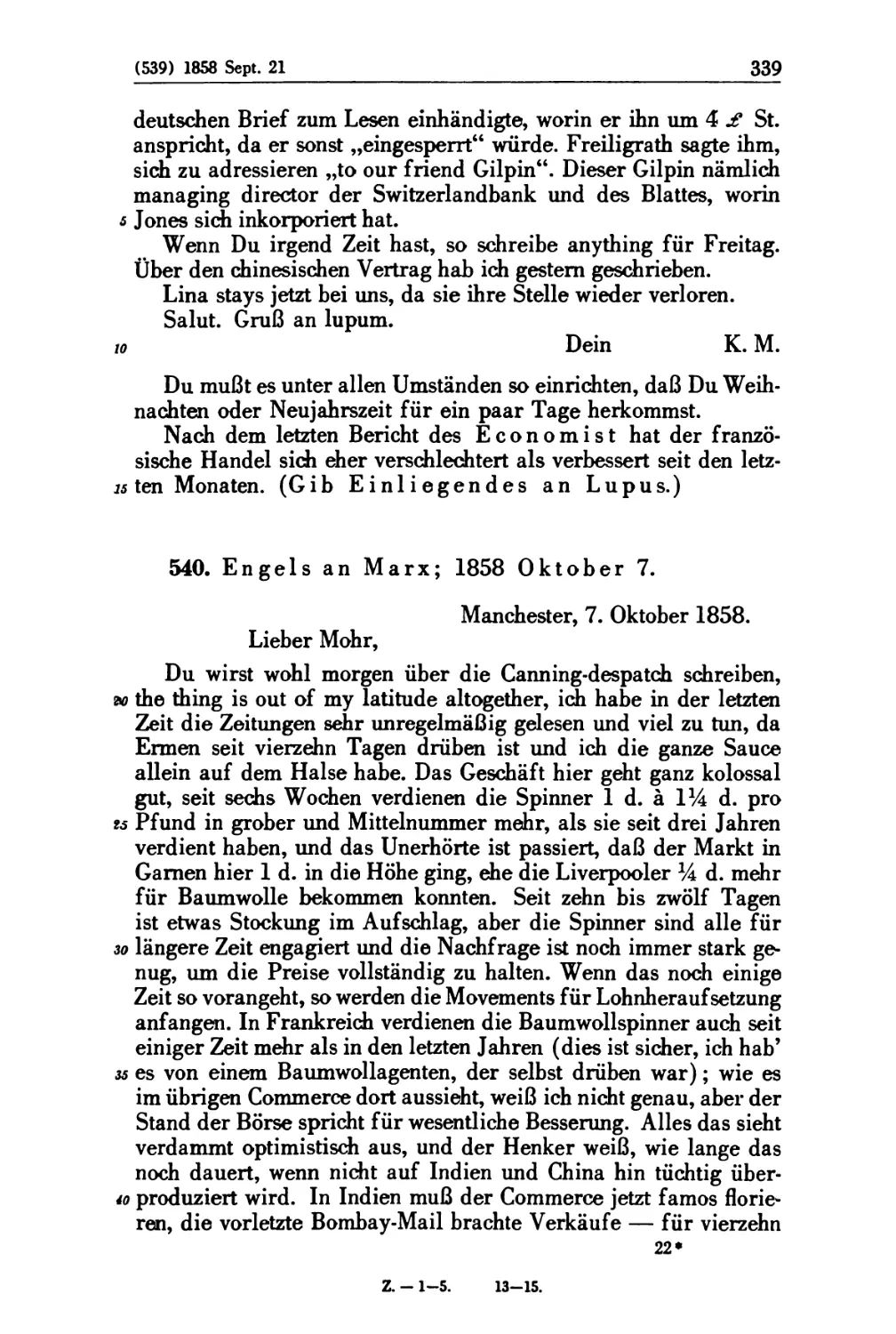 540. Engels an Marx; 1858 Oktober 7