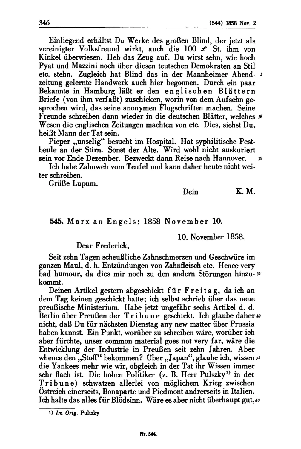 545. Marx an Engels; 1858 November 10