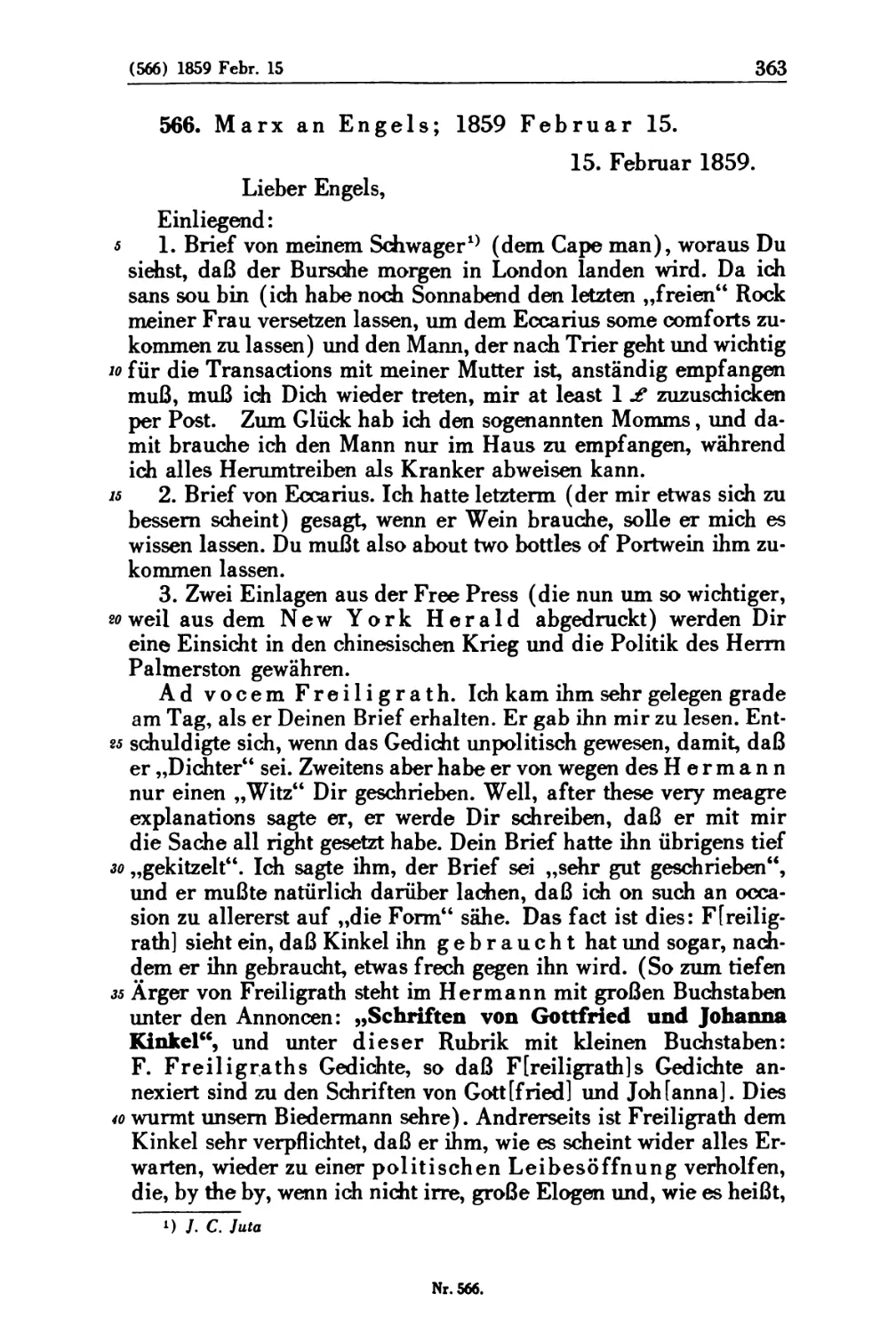 566. Marx an Engels; 1859 Februar 15
