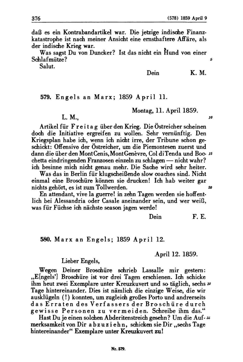 579. Engels an Marx; 1859 April 11
580. Marx an Engels; 1859 April 12