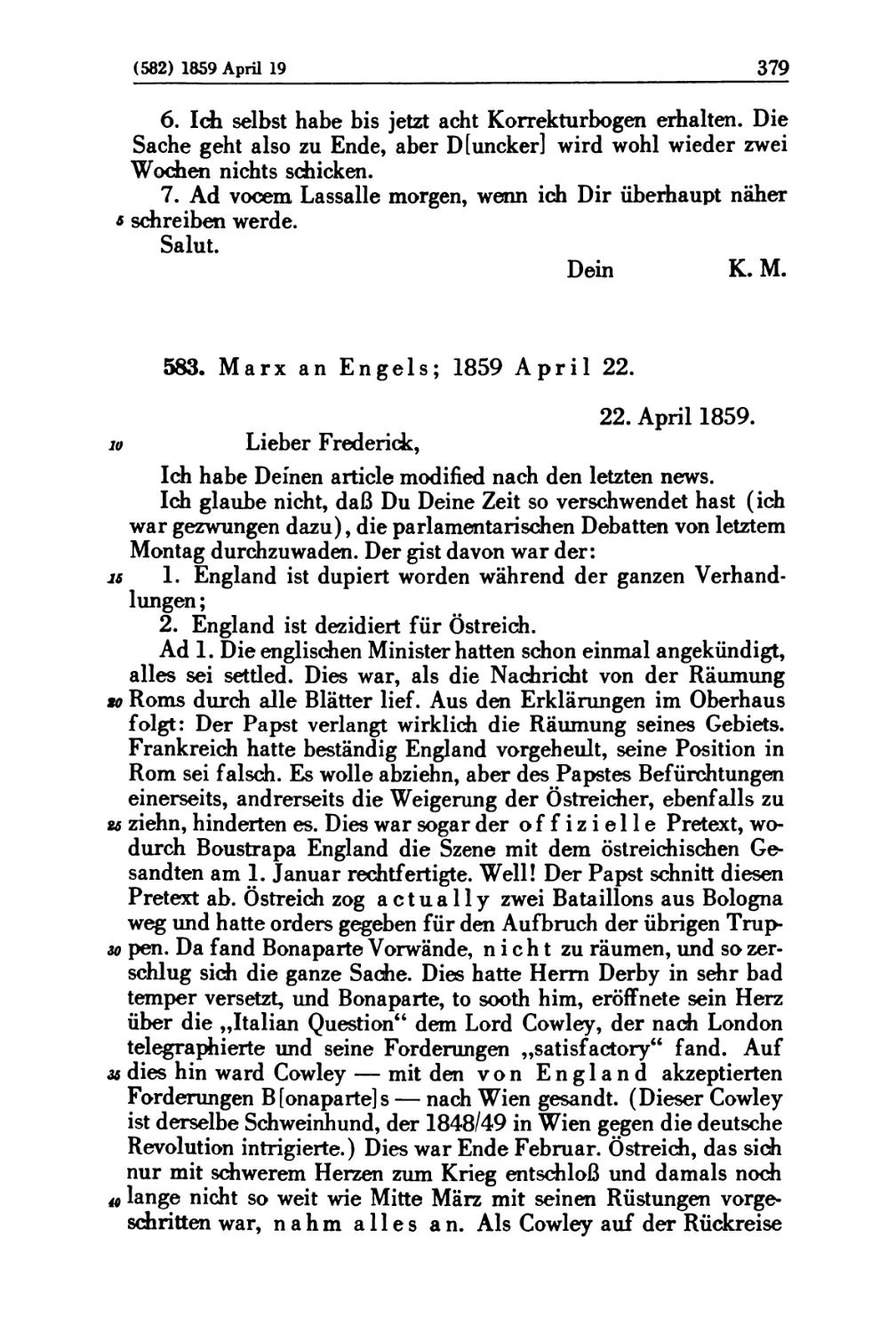 583. Marx an Engels; 1859 April 22