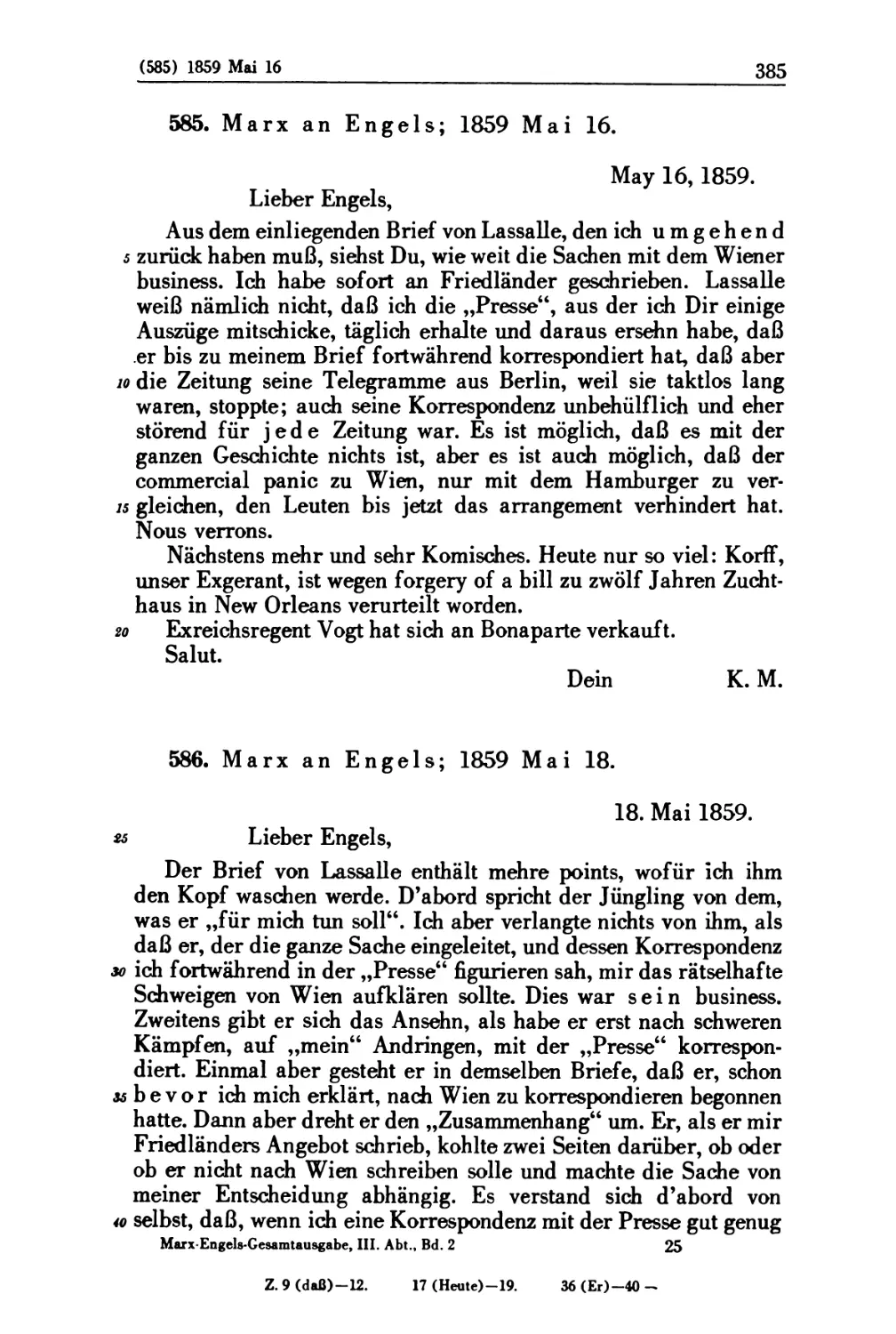 585. Marx an Engels; 1859 Mai 16
586. Marx an Engels; 1859 Mai 18