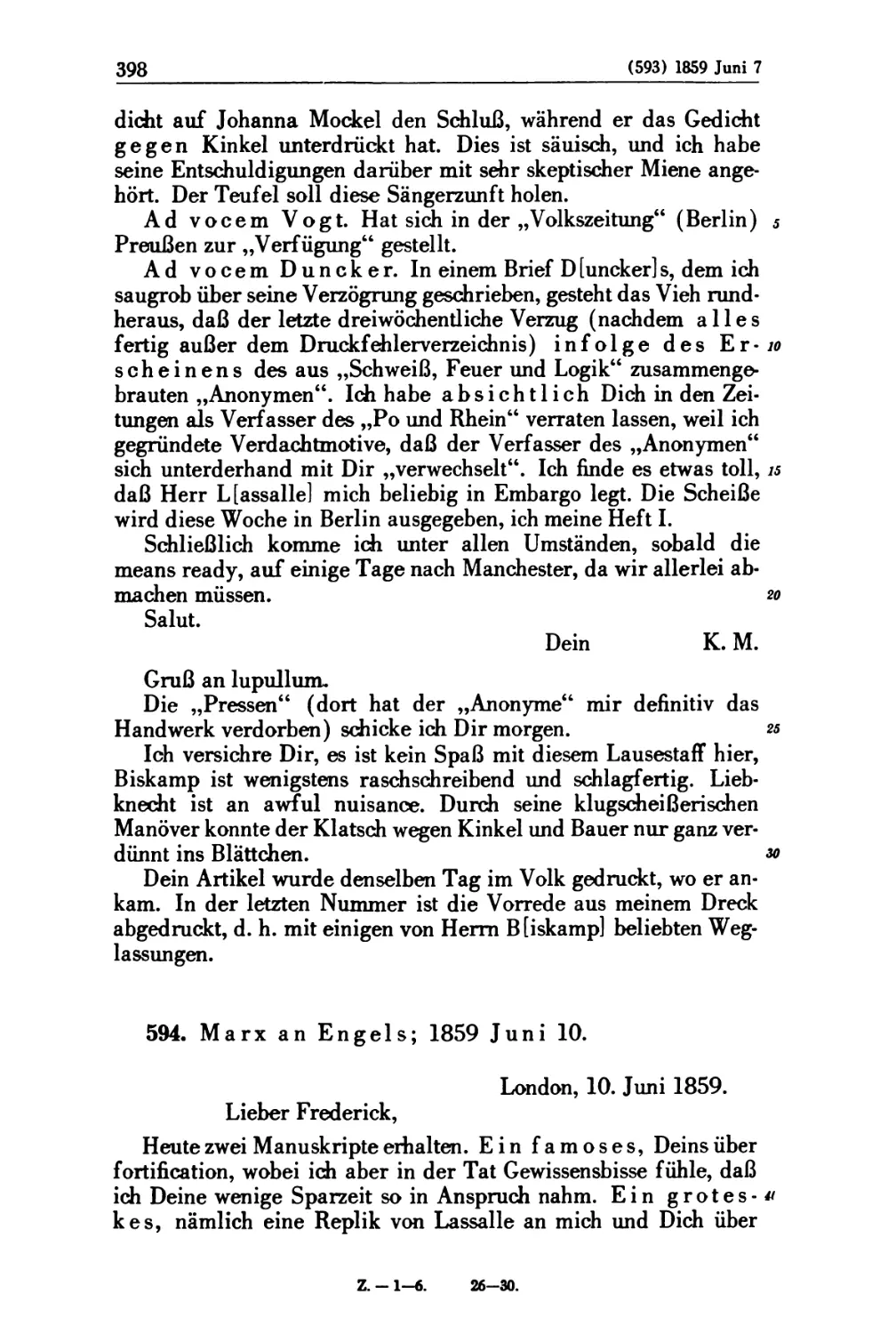 594. Marx an Engels; 1859 Juni 10