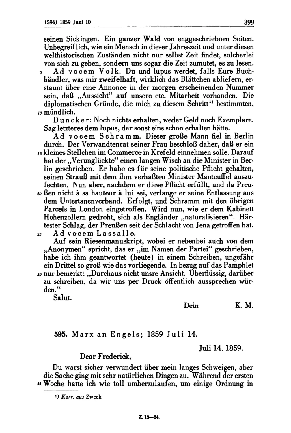 595. Marx an Engels; 1859 Juli 14